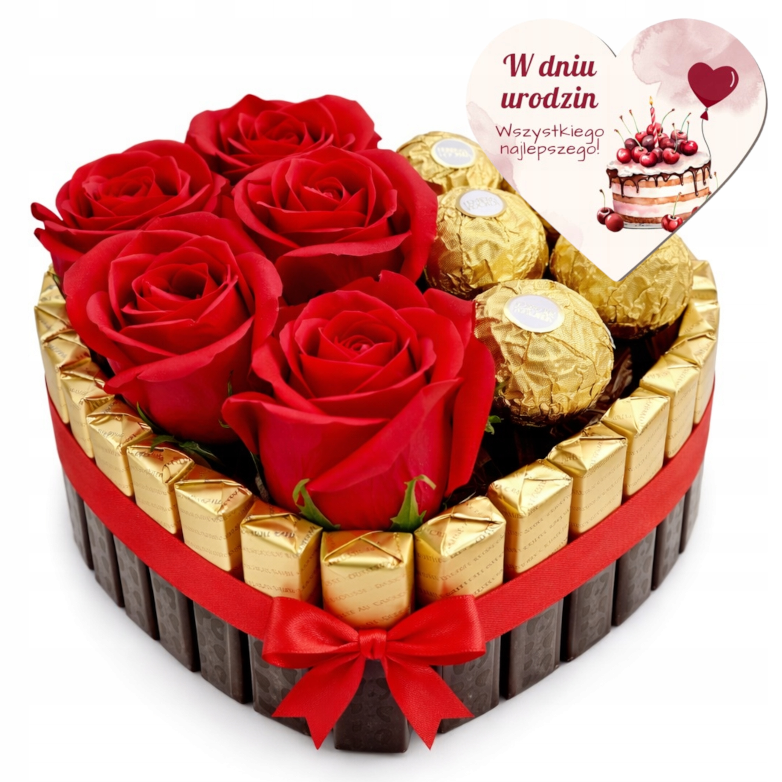Tort Serce Merci Róże ze Słodyczy Cukierków Kosz Zestaw Urodziny Imieniny