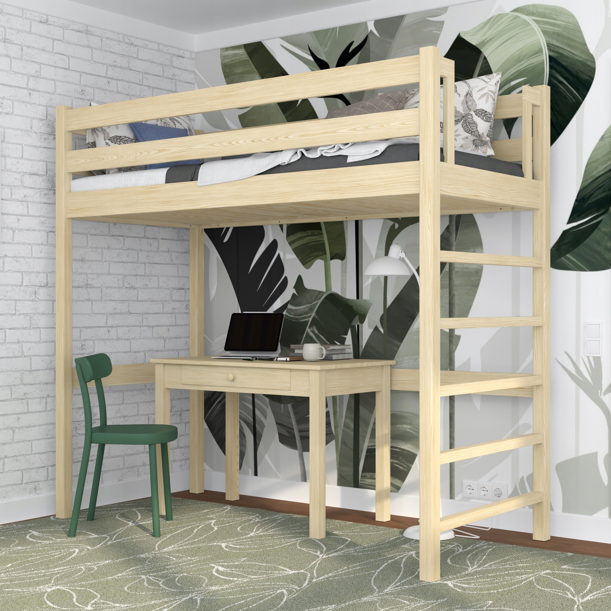 Łóżko piętrowe na antresoli drewniane N01 120x200 Długość mebla 208 cm