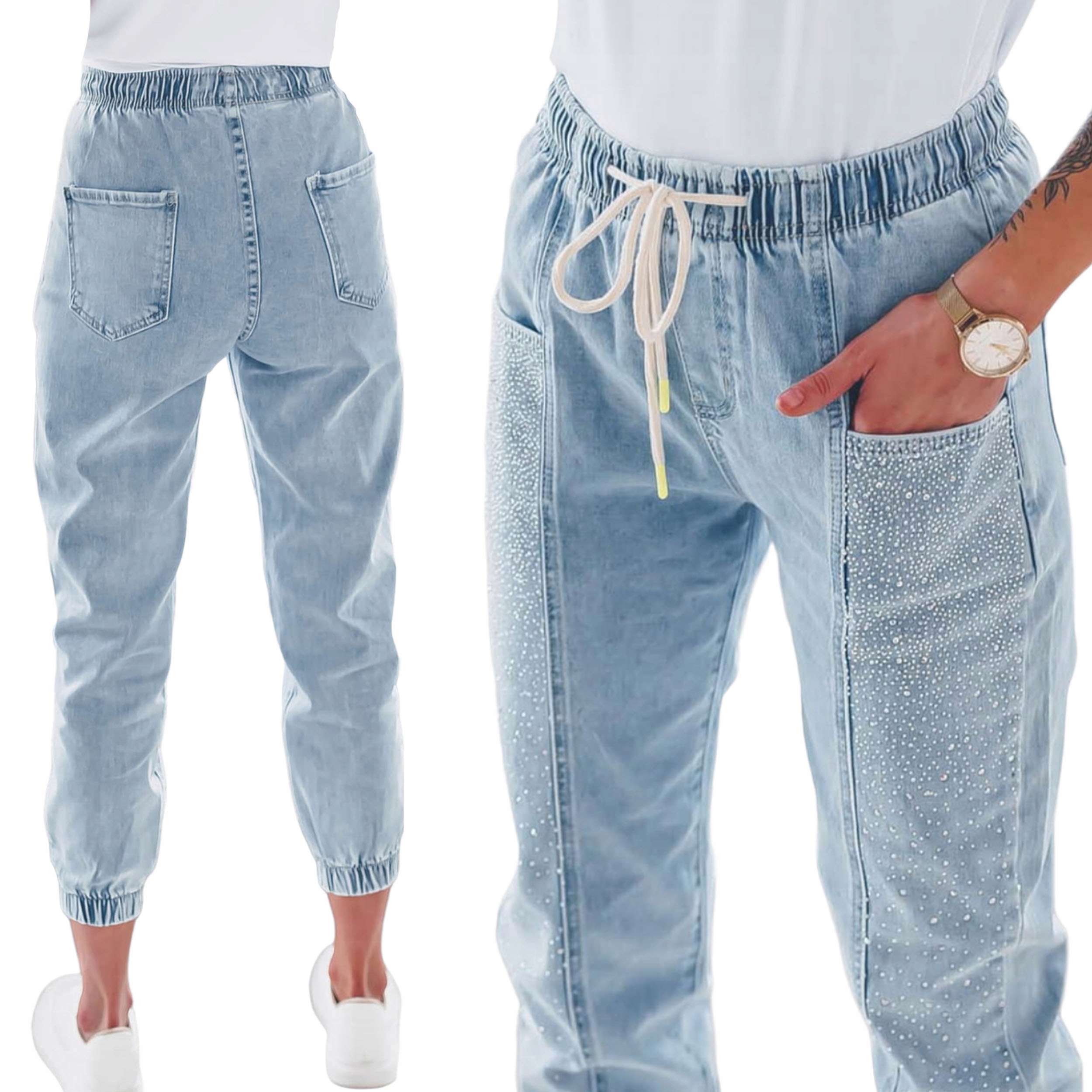 

Damskie joggery luźne spodnie jeansowe cyrkonie L