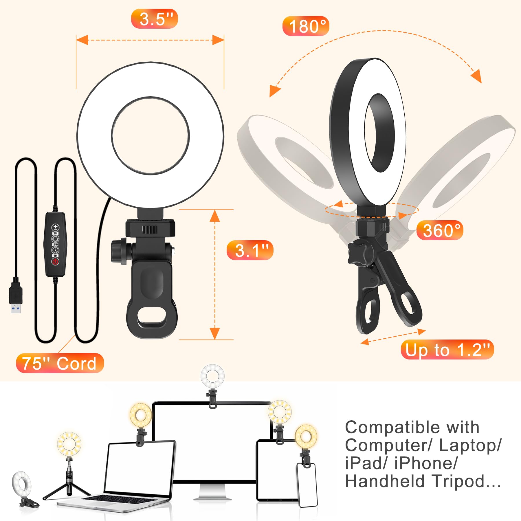 MOJIMDO LED Lampa Do Telefonu/Laptopa: Selfie, Wideokonferencje, Makijaż — miniatura 7