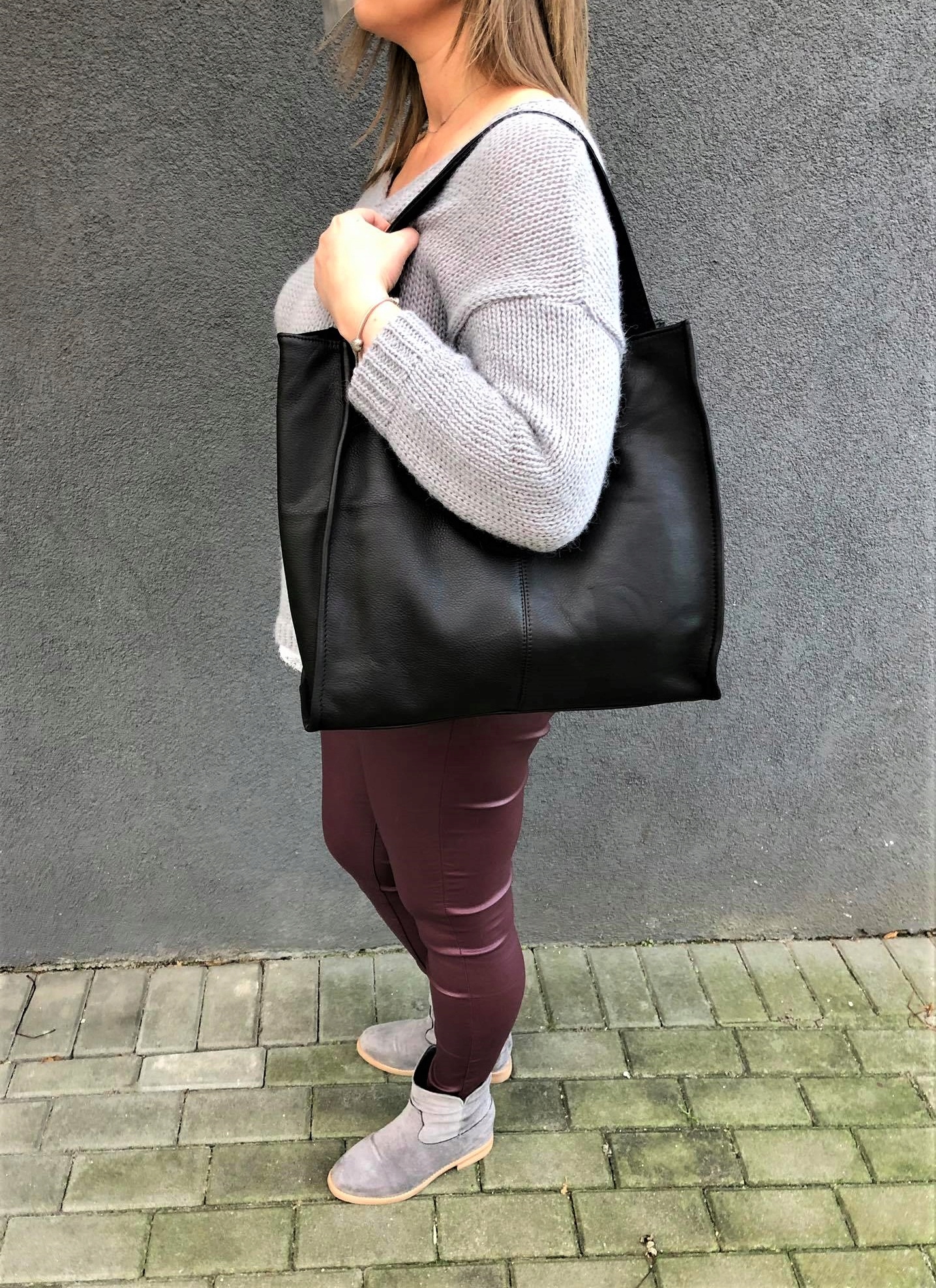 CZARNA SKÓRZANA TOREBKA SHOPPER A4 WŁOSKA MIĘKKA SKÓRA WOREK XL Vera Pelle Wzór dominujący bez wzoru