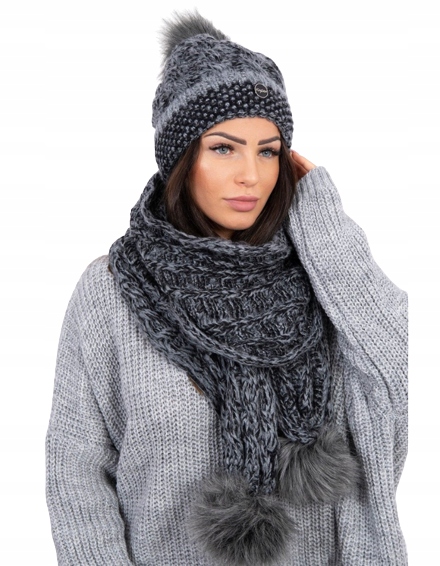 Dámský komplet čepice s bambulí a zimní šálou K22