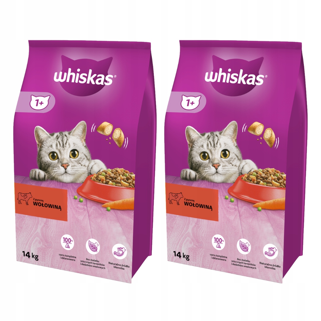 Levně Whiskas Adult Suché Krmivo Pro Kočky s hovězím masem 2x14 kg