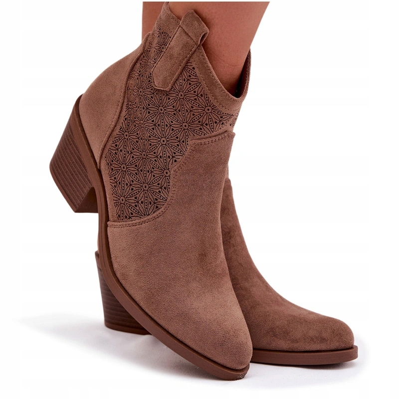 Kotníkové Boty Ažurové Kovbojské Boty Eko Semiš Podpatek S.barski HY61-8013 Hnědé 36