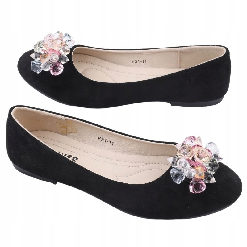 CZARNE BALERINKI DAMSKIE WSUWANE PŁASKIE Z KOKARDĄ GŁADKIE WKŁ.EKOSKÓRA Rozmiar 40