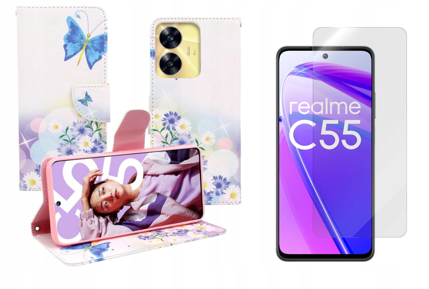 

Etui Fancy Pokrowiec do Realme C55 motyl +szkło