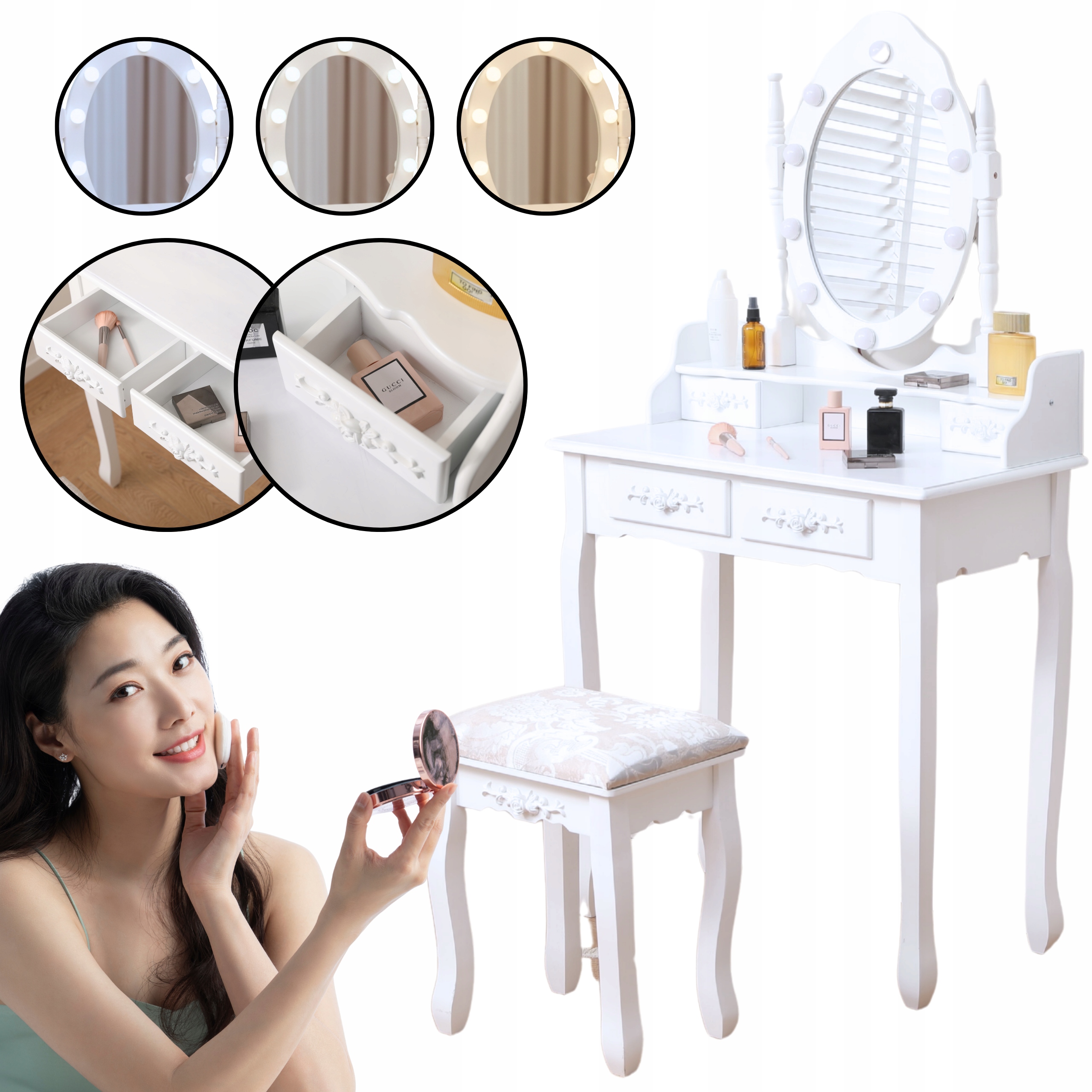 TOALETKA LUSTRZANA DT03 LED 3 BARWY ŚWIATŁA LUSTRO SZUFLADY TABORET BIAŁA