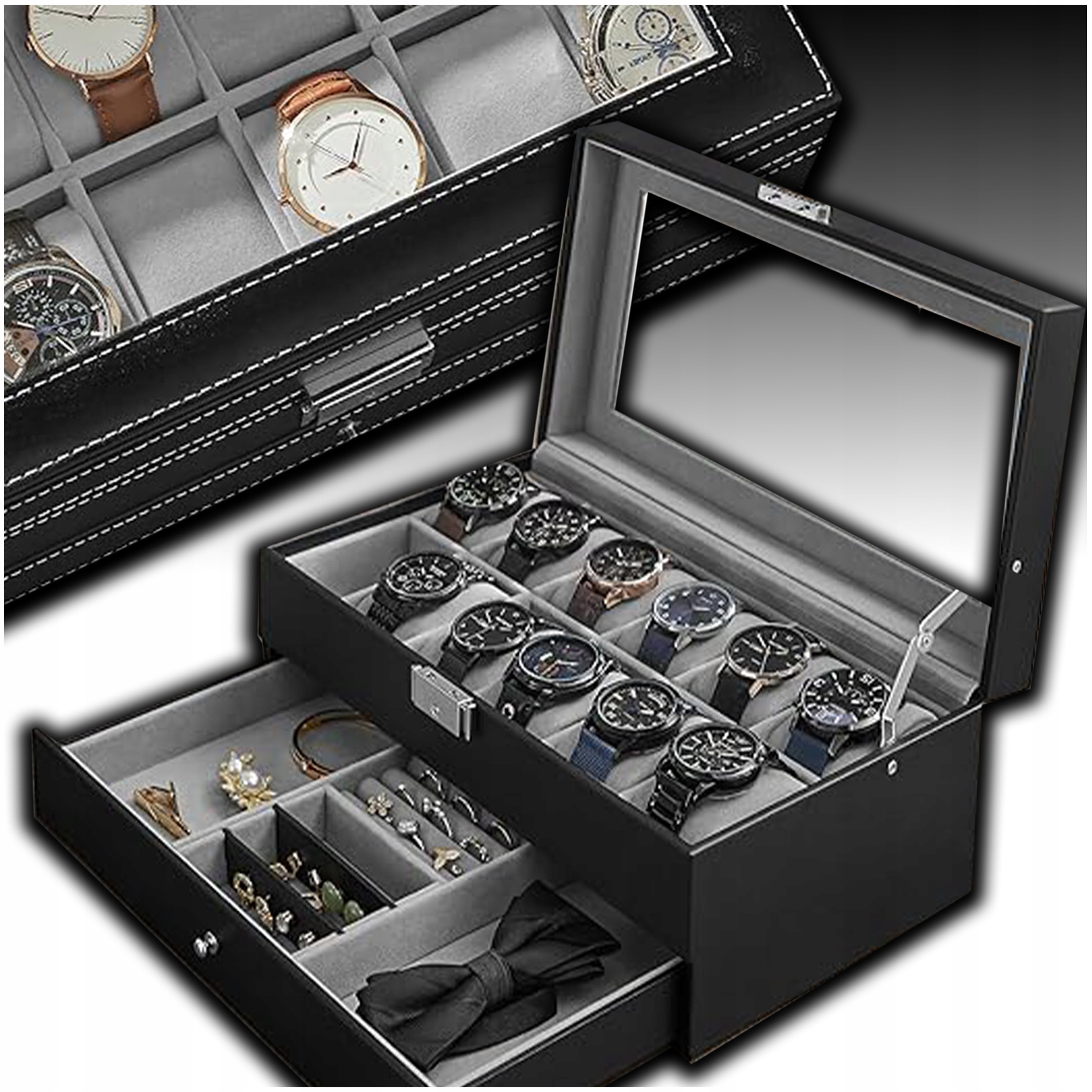 ETUI NA ZEGARKI BIŻUTERIĘ 12 PRZEGRÓDEK SZUFLADA ORGANIZER SZKLANA POKRYWA