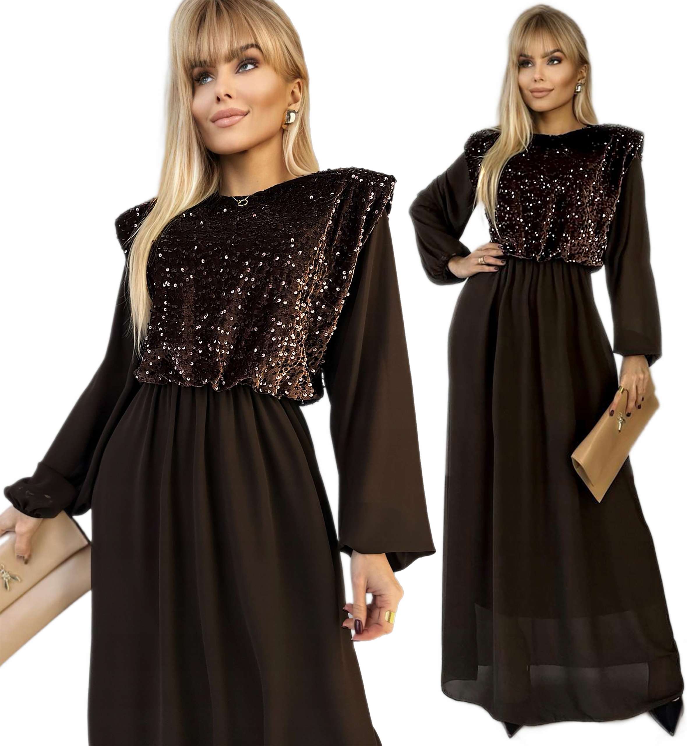 Šaty elegantní večerní flitry s dlouhým rukávem, šifon Iwona