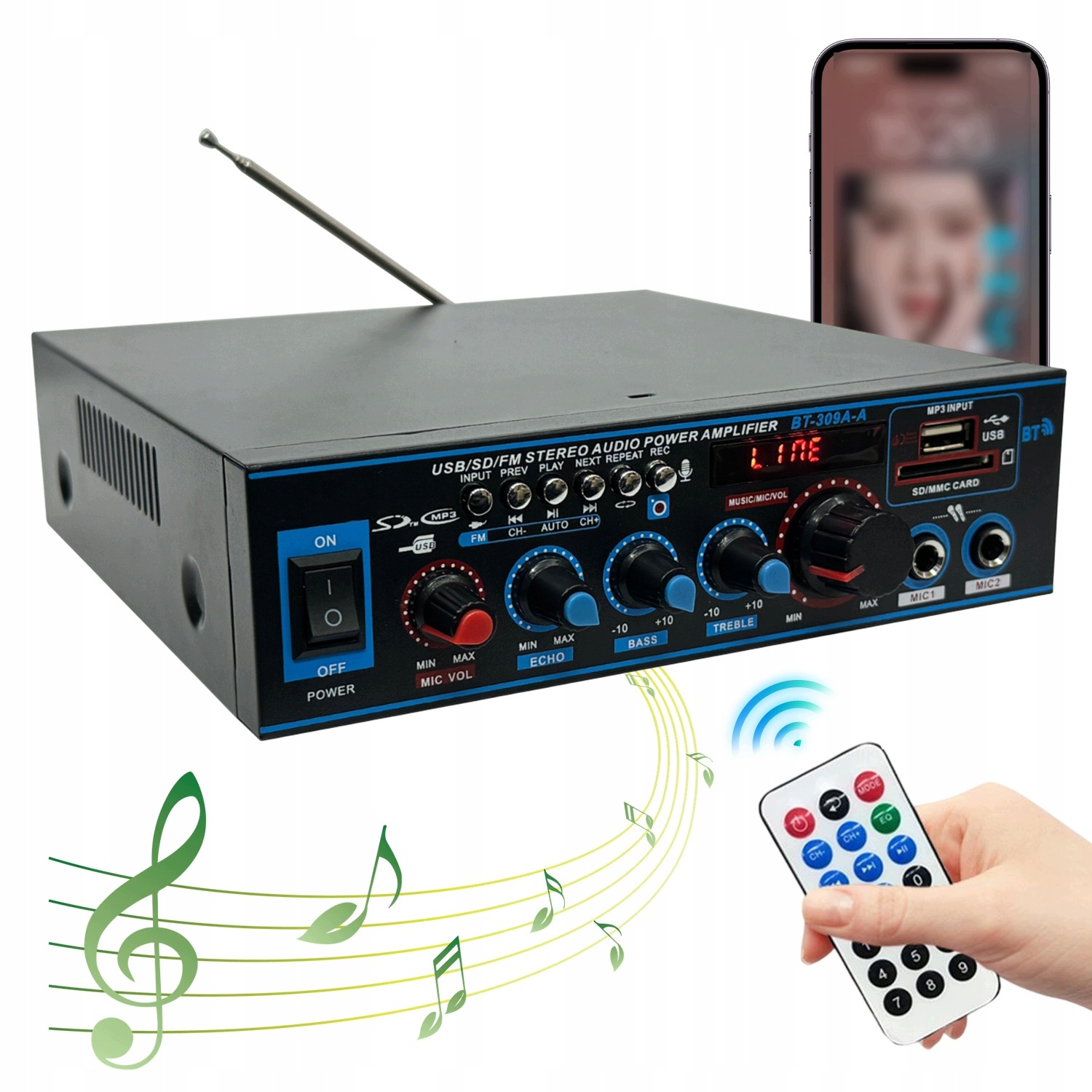 Zesilovač Zvuku 100W 100W BT-309A-A S LCD Displejem A Dálkovým Ovládáním