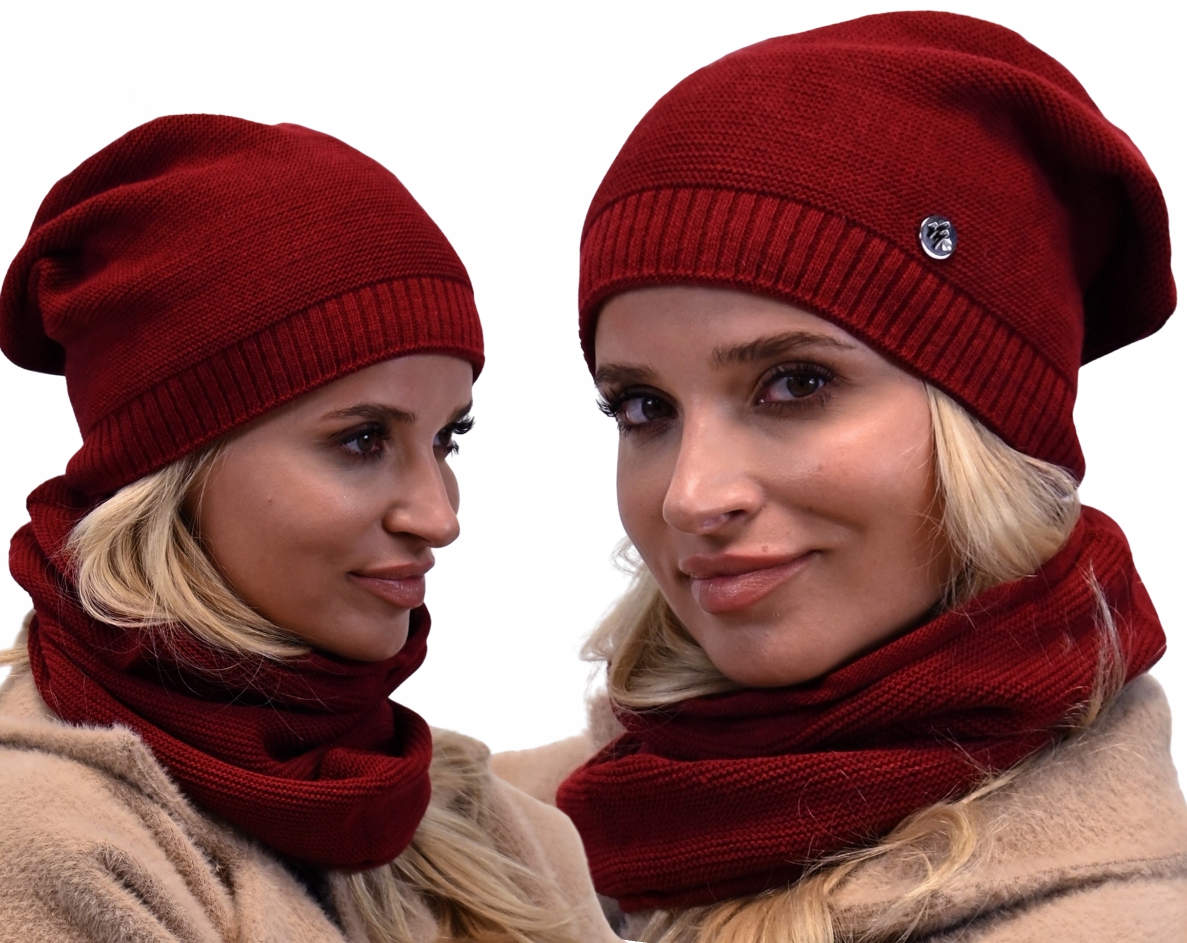

Bordowy Komplet Damski Beanie Czapka Komin B1