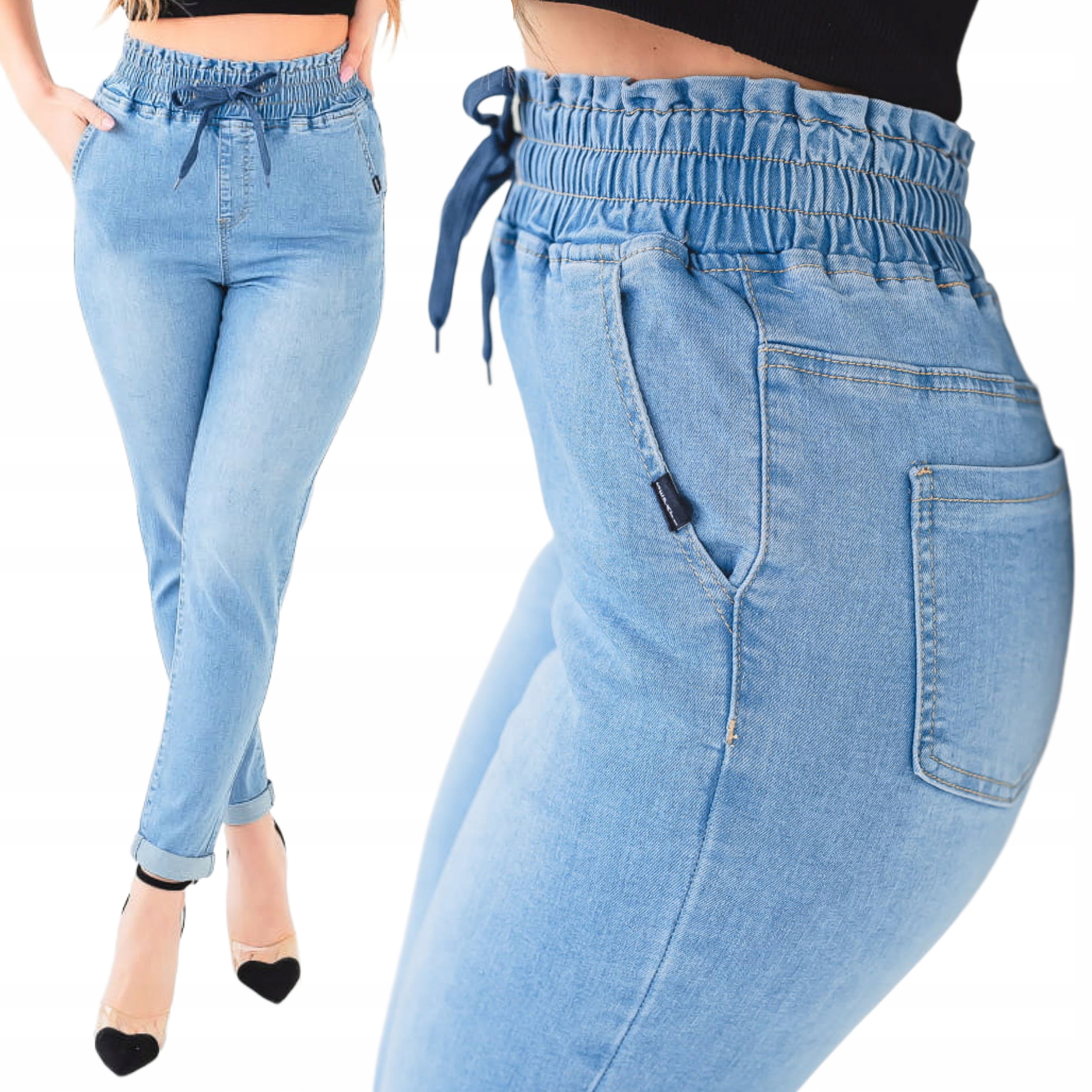 Jeansowe spodnie damskie elastyczne joggery wysoki stan guma w pasie M