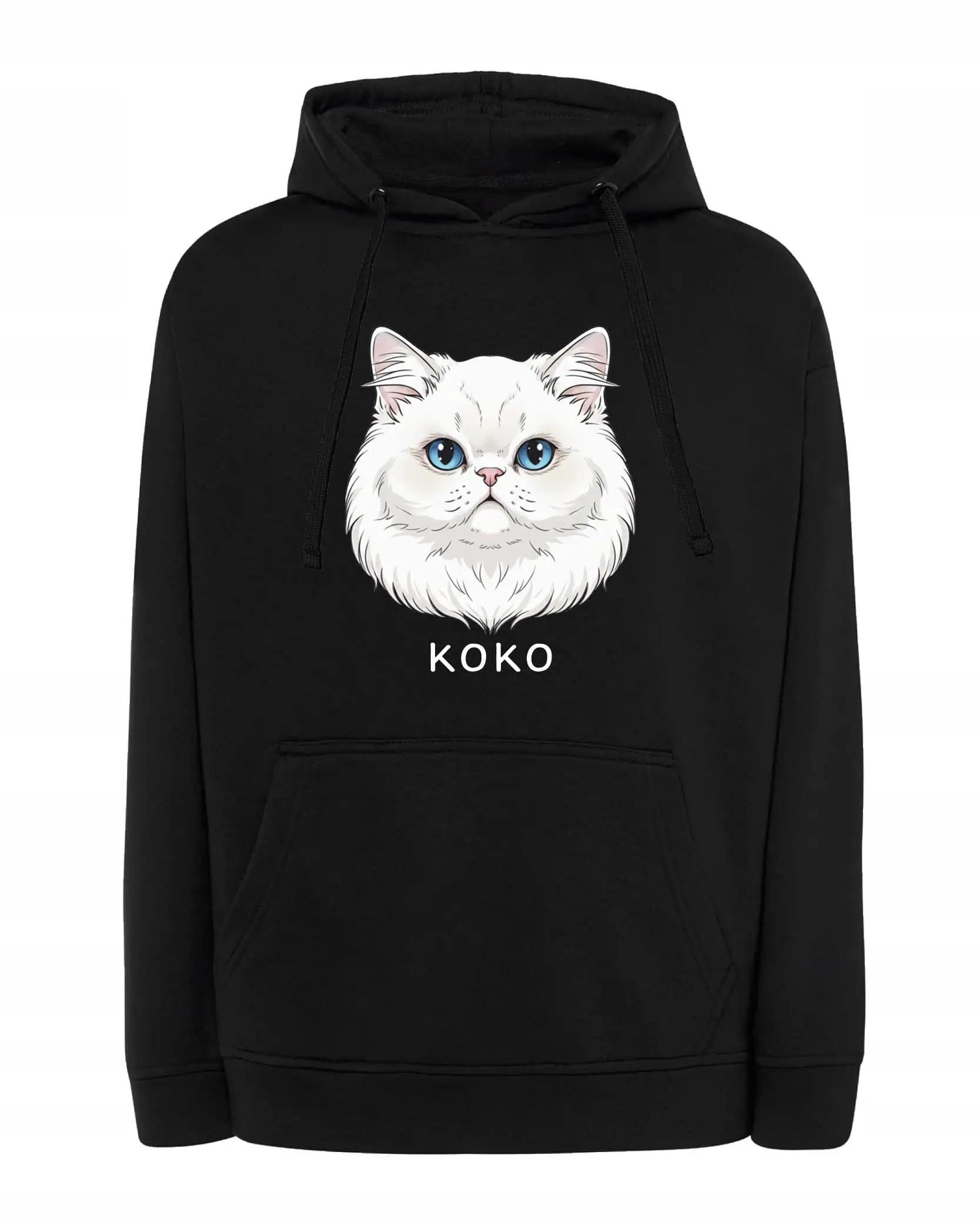 Mikina s kapucí Perská Bílá Personalizovaná Kočka Pupil Černá XL
