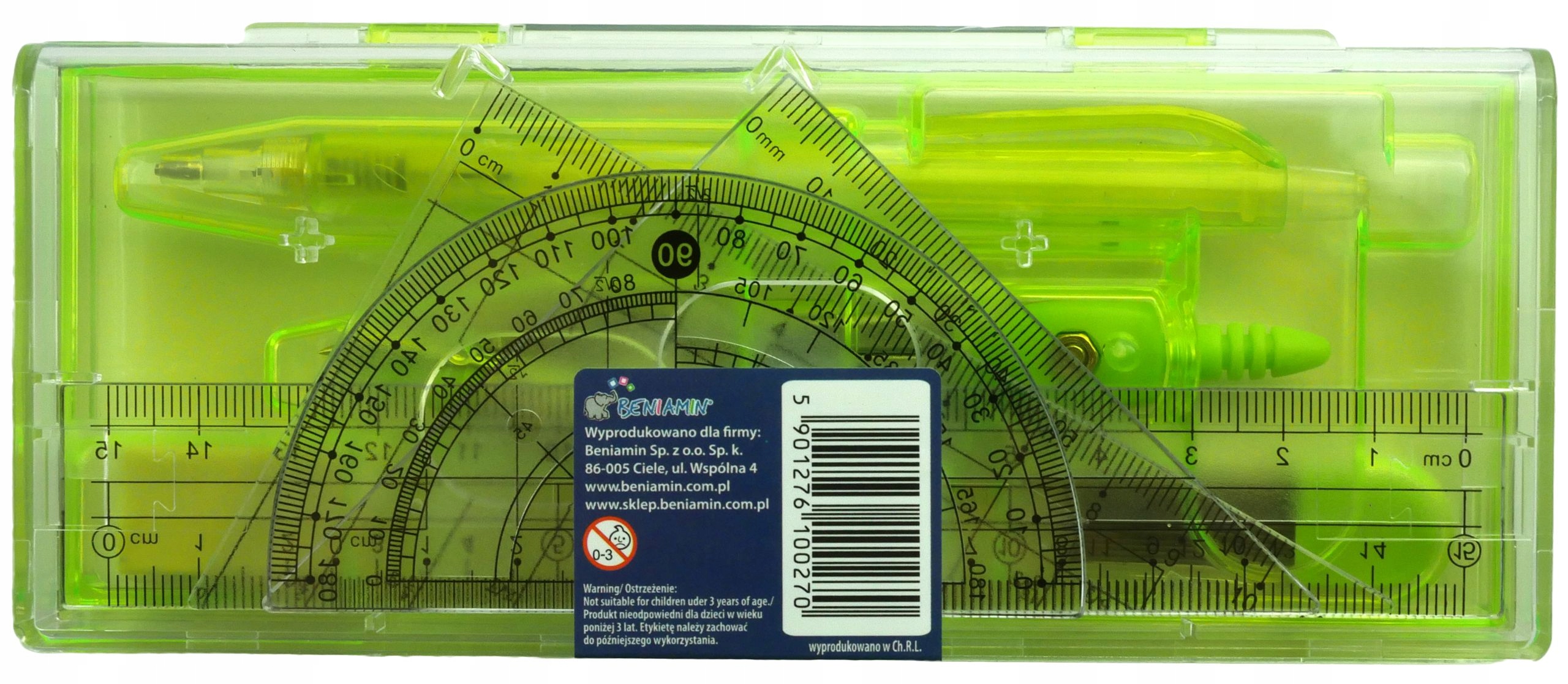 ZESTAW MATEMATYCZNY GEOMETRYCZNY SZKOLNY ZIELONY CYRKIEL KĄTOMIERZ LINIJKA Marka Beniamin
