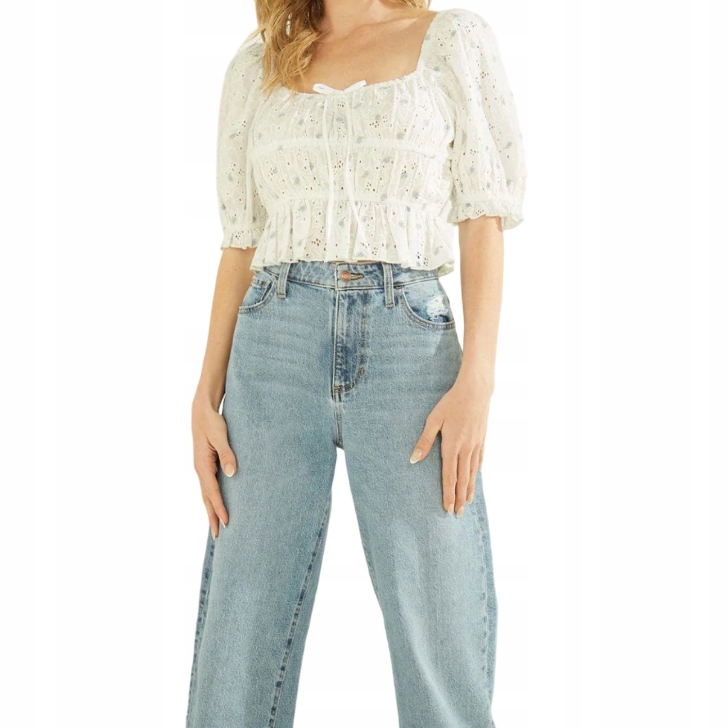 Dámská halenka Guess s dlouhým rukávem, bílá, žebrovaná, odhalená ramena, velikost vel.