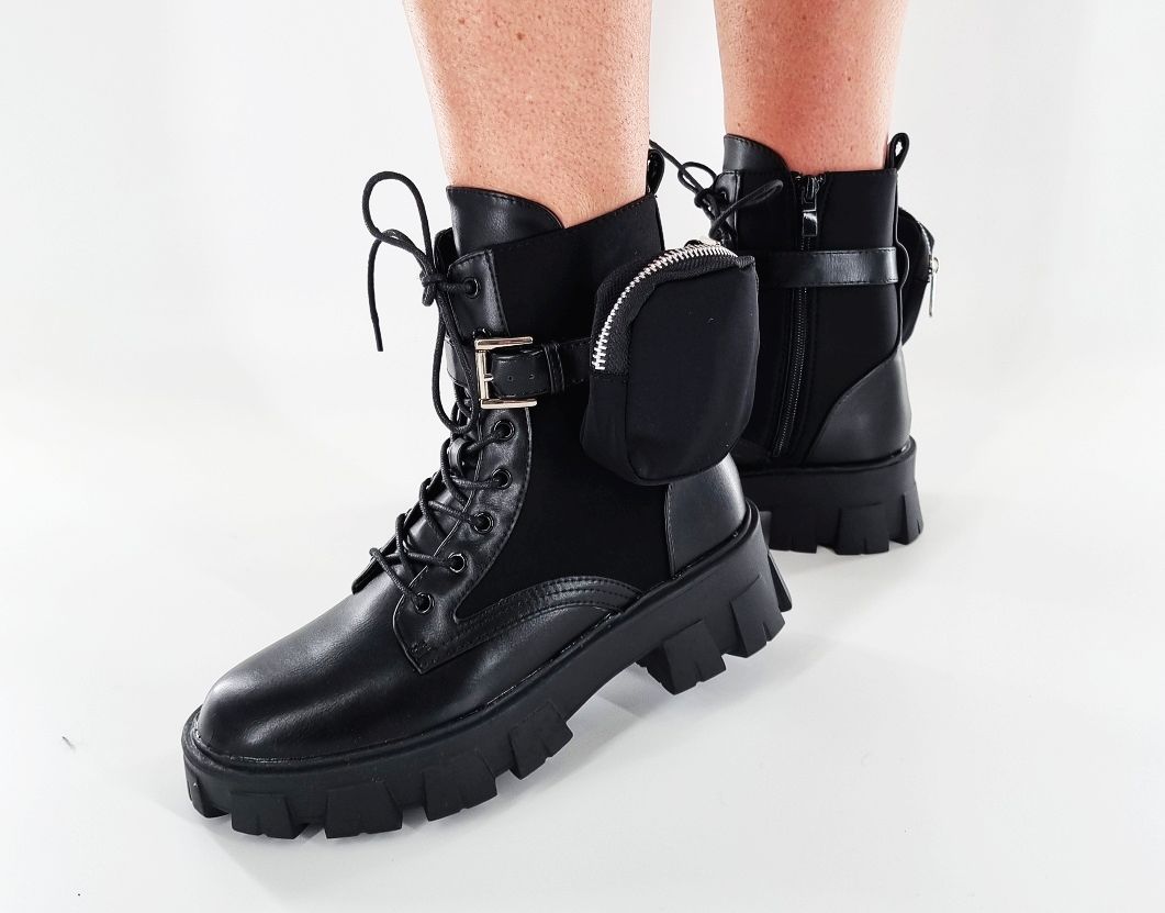 NOWE CZARNE BOTKI BUTY TRAPERY Z SASZETKĄ 39 Wzór dominujący bez wzoru