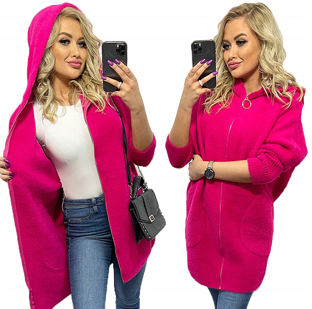 Alpaki Zip Kabát Vlna Barvy oversize Dlouhý Fuchsiový