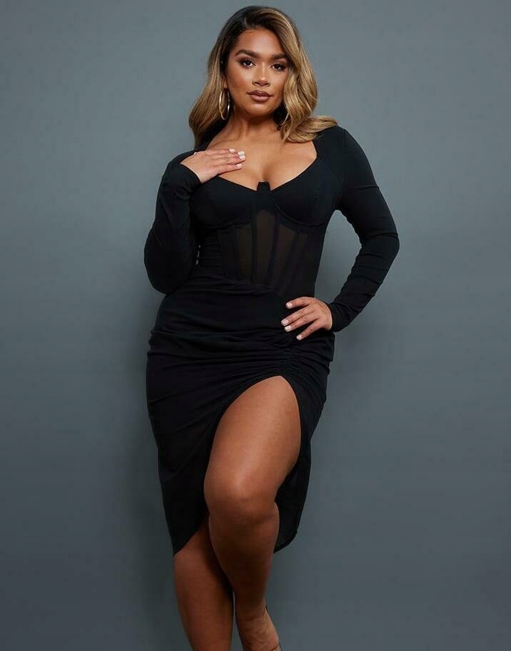 Czarna Asymetryczna Sukienka MIDI Długi Rękaw Gorset Prettylittlething 40