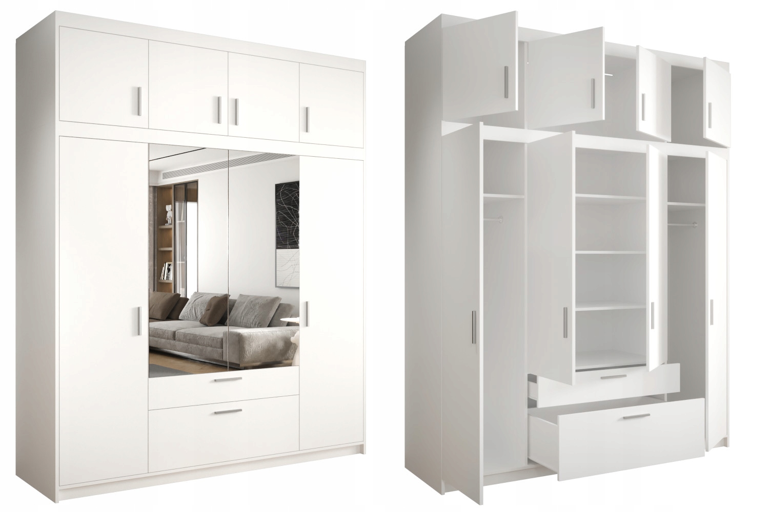 Skříň Se Zrcadlem Zásuvky Nadstavba Bílá LESZ23N Šatní skříň 176x245 O-sofa