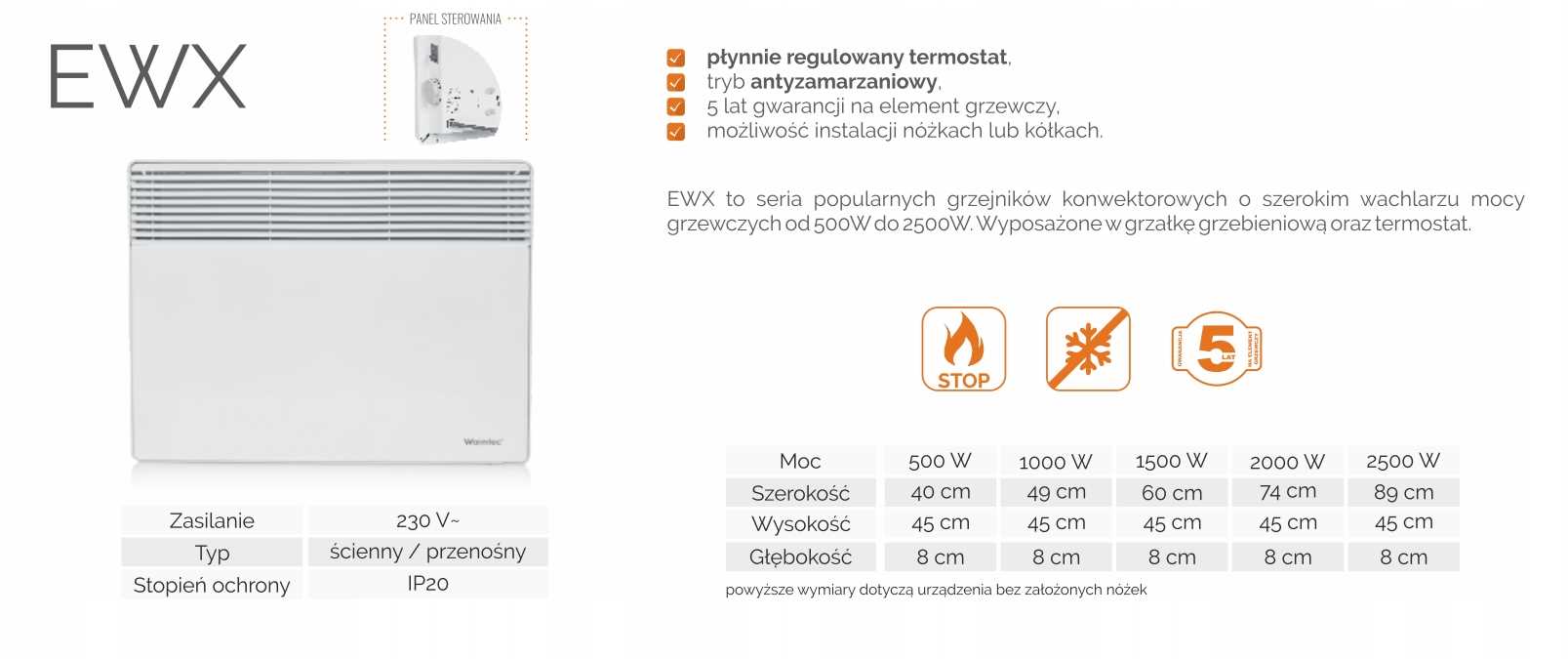 Warmtec EWX-2000W Elektrický Nástěnný Ohřívač, Konvektorový Termostat