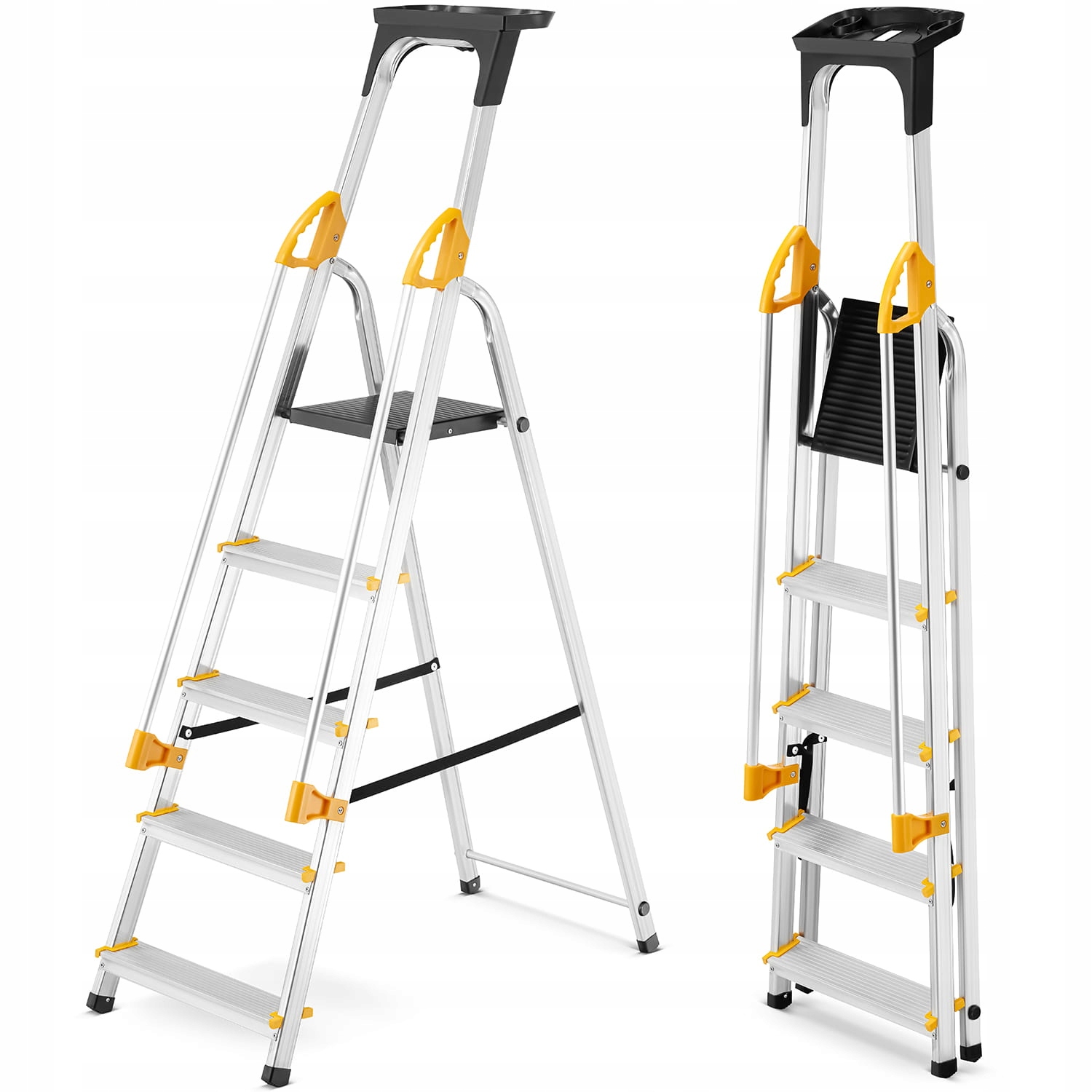 Žebřík 5stupňový hliníkový žebřík s policí a zábradlím o hmotnosti 150 kg