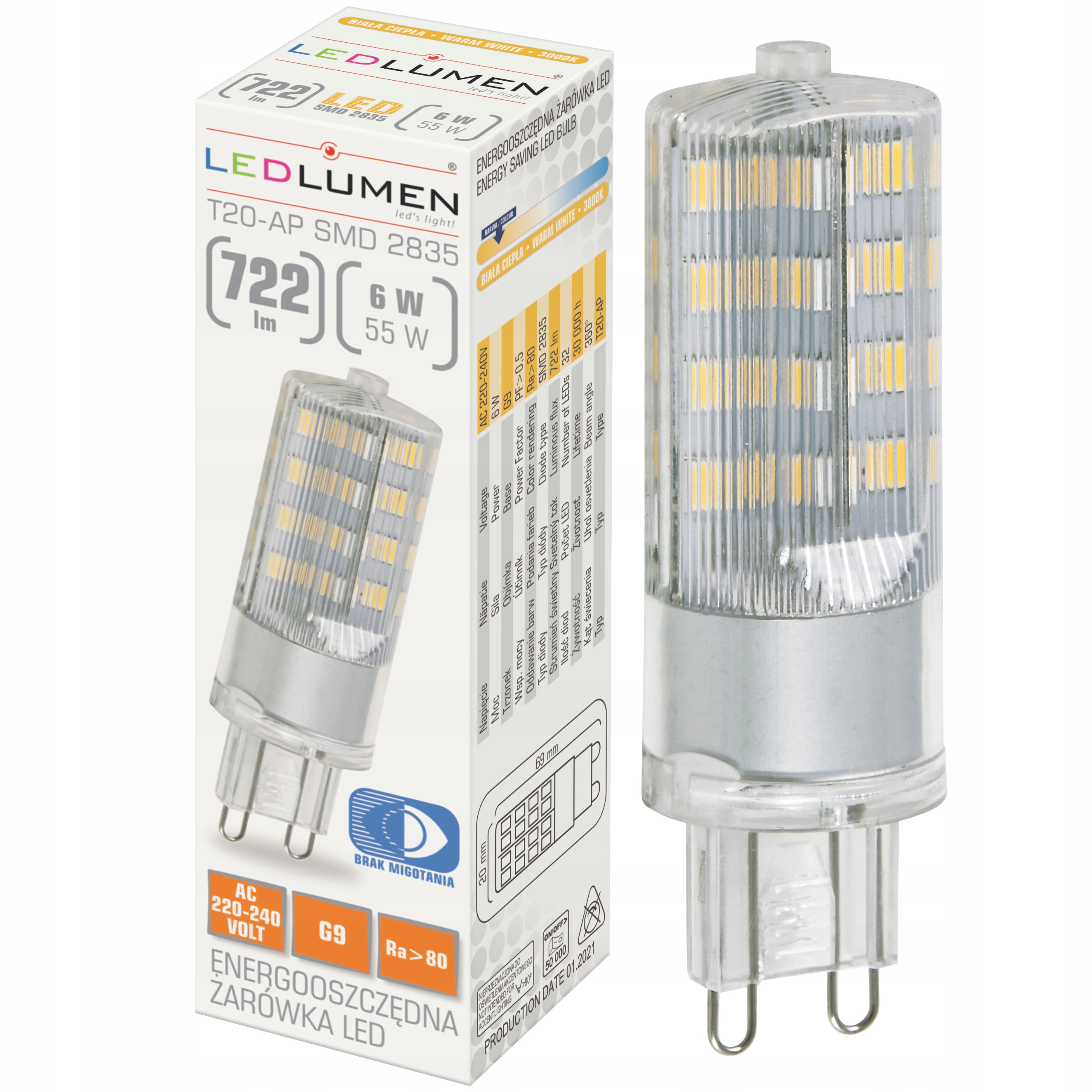 

Żarówka Led G9 T20 Mini 6W=55W 2835 Smd 722lm 360°