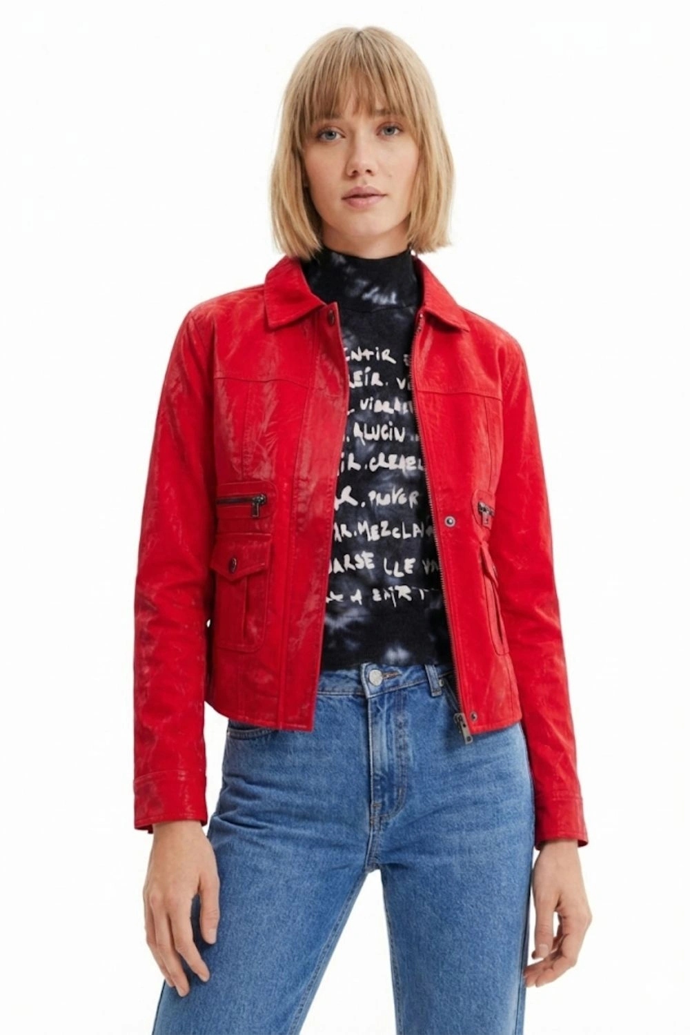 Dámská bunda Desigual krátká z eko-kůže, červená, ramoneska vel. S