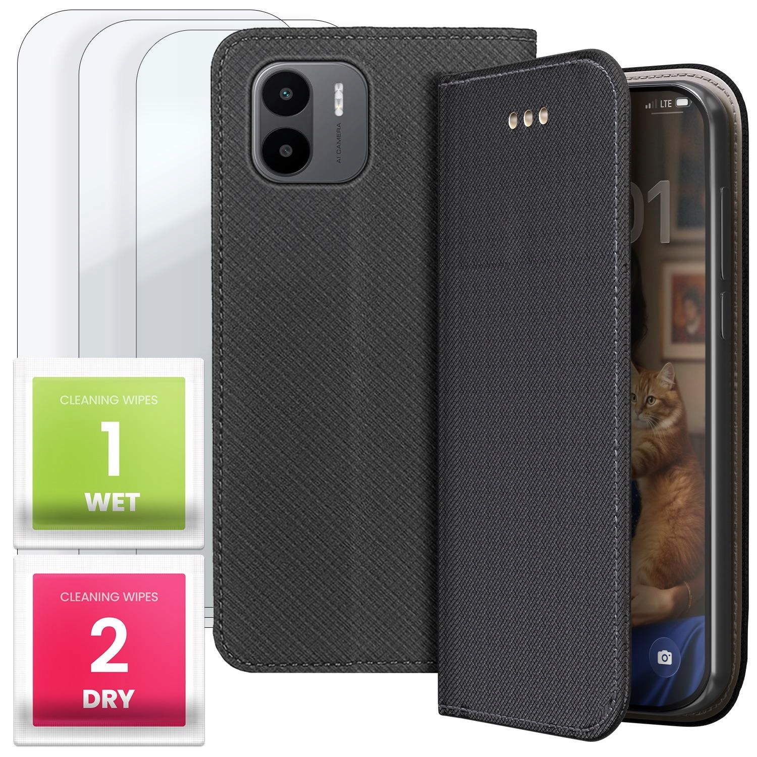 Etui z Klapką 3x Szkło Do Xiaomi Redmi A1 A2 (Czarne, Zamykane, Kabura)