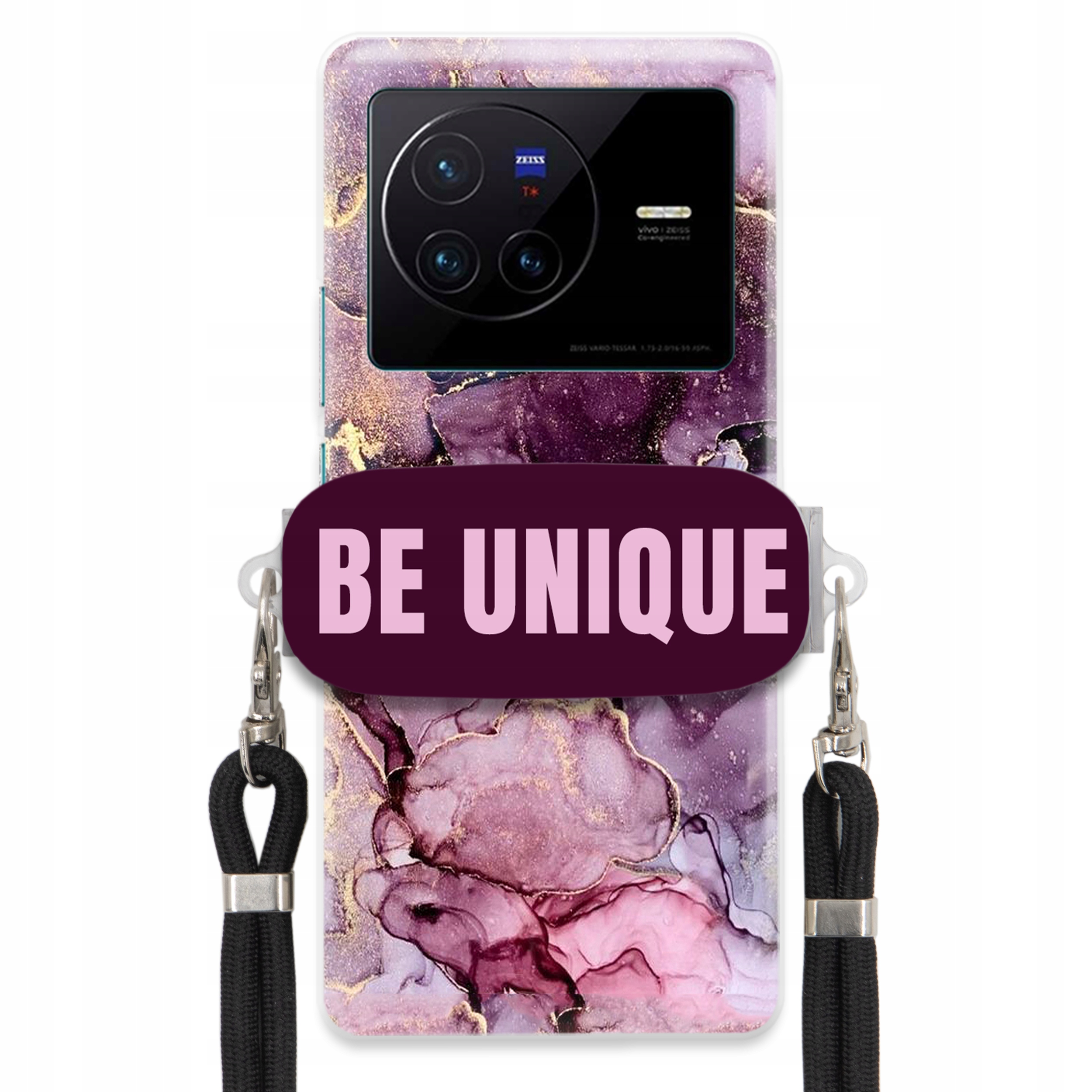 pouzdro na Vivo X80 Case Uchopovací šňůrka Černá Be Unique Fialová Mramorová