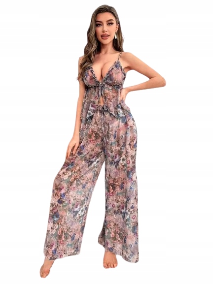 Prodyšné Pyžamo Dlouhé Kalhoty Široké Nohavice Top Na Ramínka XL