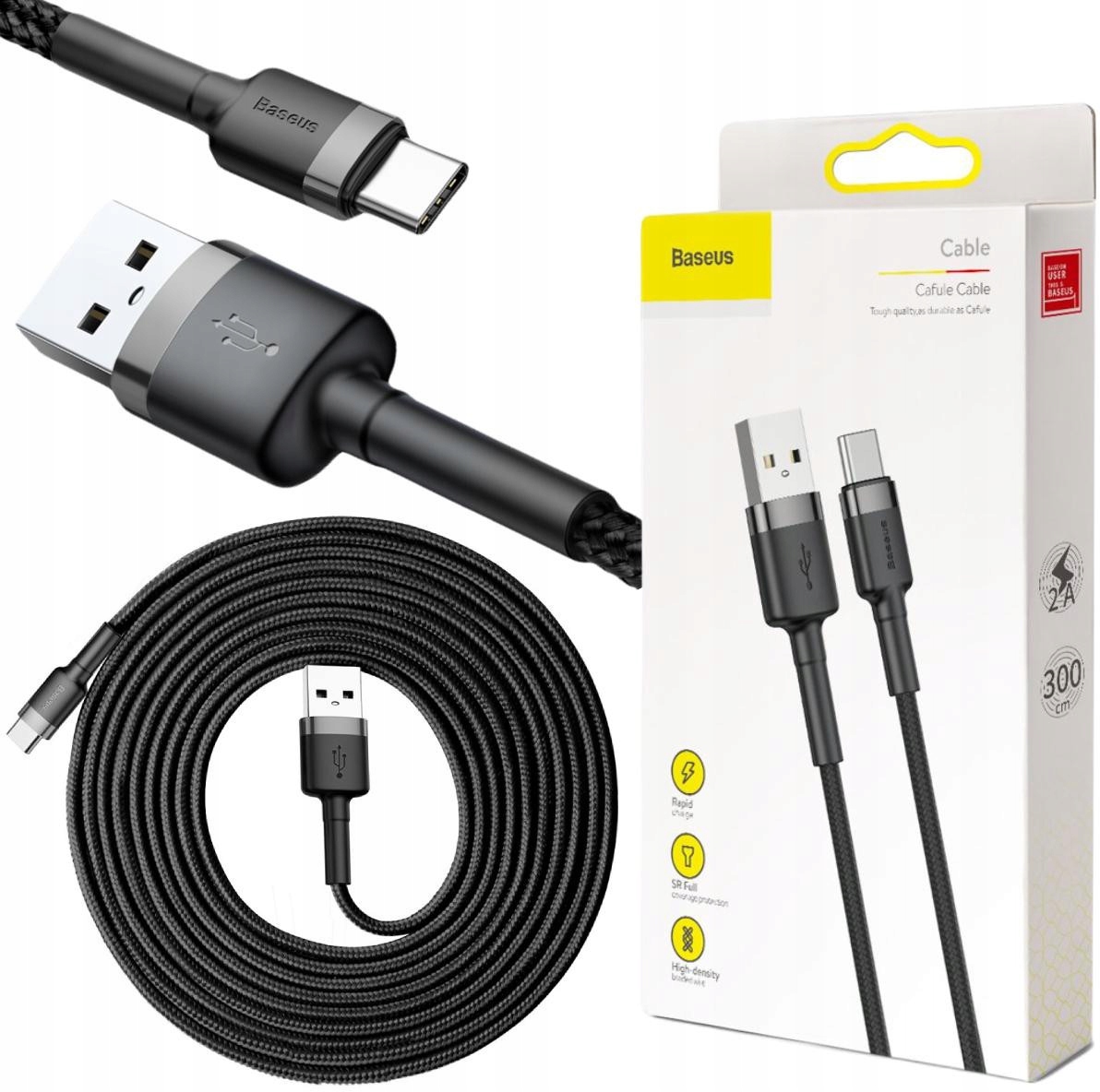 Kabel Usb-a Usb-c Baseus Cafule CATKLF-UG1 300cm 2A Qc 3.0 Czarno-szary W