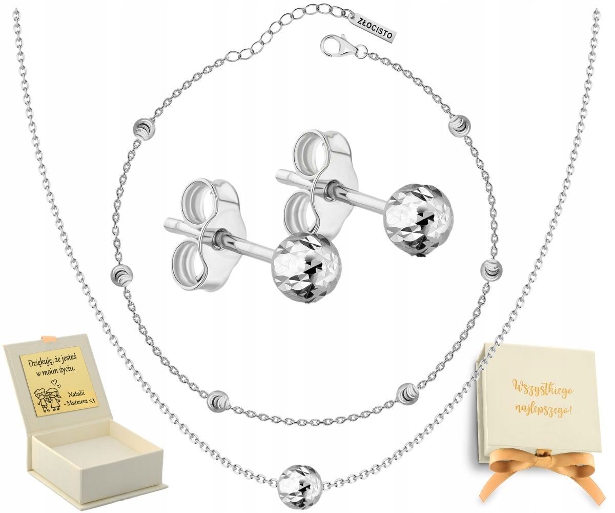 Náhrdelník Náušnice Náramek Sada Komplet Stříbro 925 Kuličky Diamantové