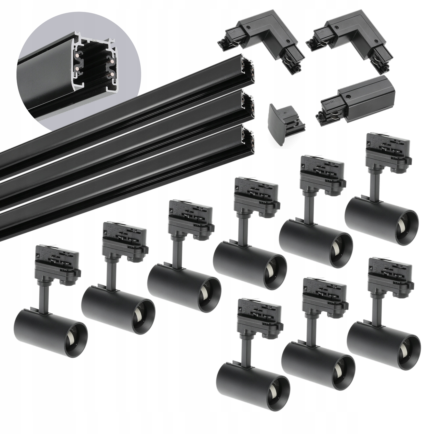 3-fázový koľajnicový set 9x Lampa GU10 3x koľajnica 1 m 2x spojka L Čierna