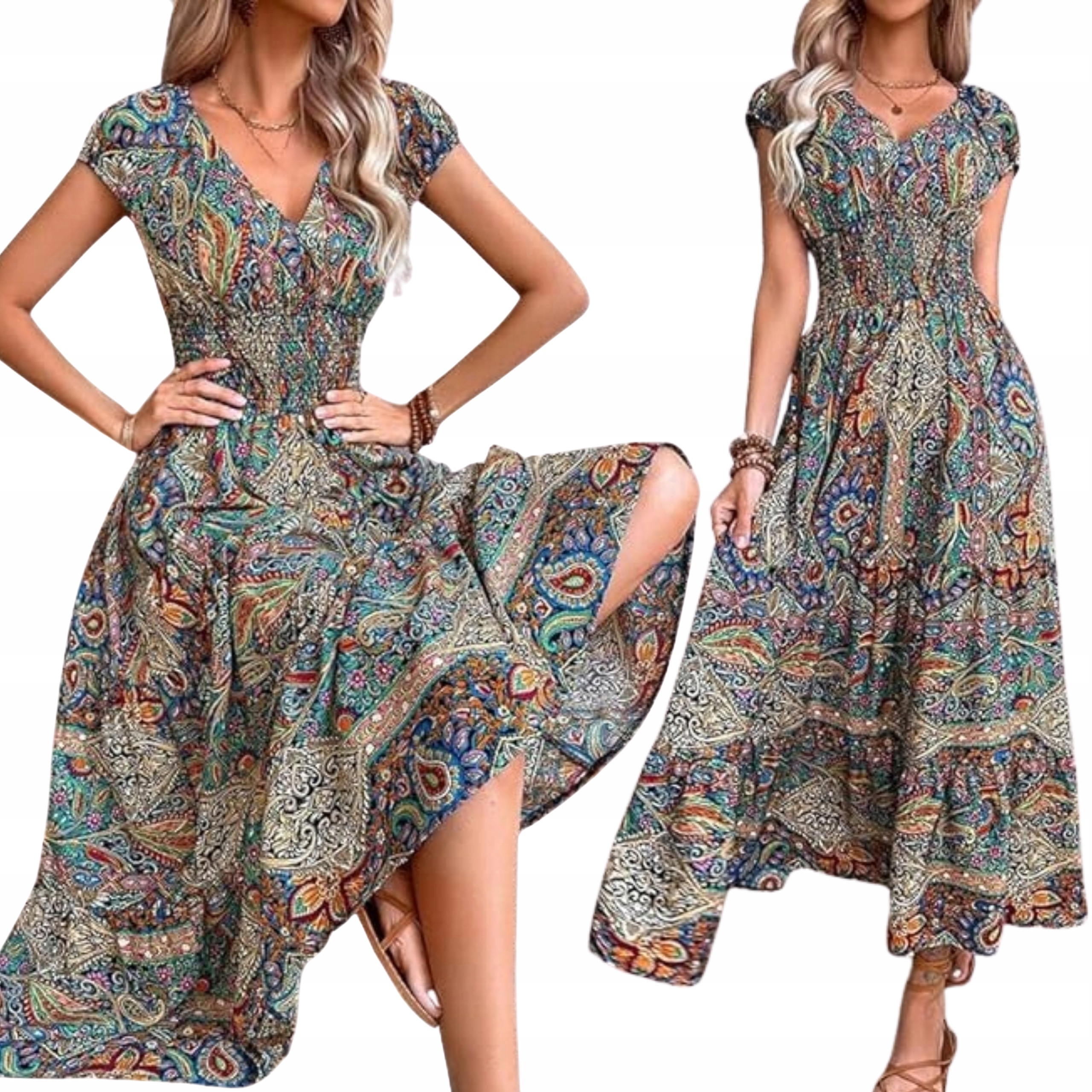 Letnia sukienka maxi boho z dekoltem V i krótkim rękawem kolorowy wzór