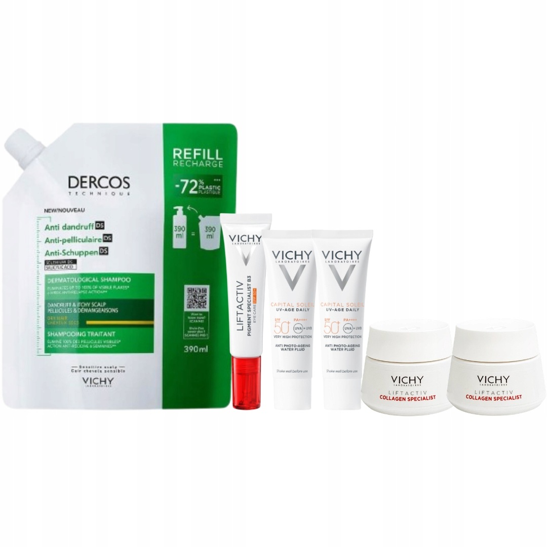 Vichy Dercos Szampon włosy suche Refill 390 ml Krem pod oczy SPF50+ 15ml