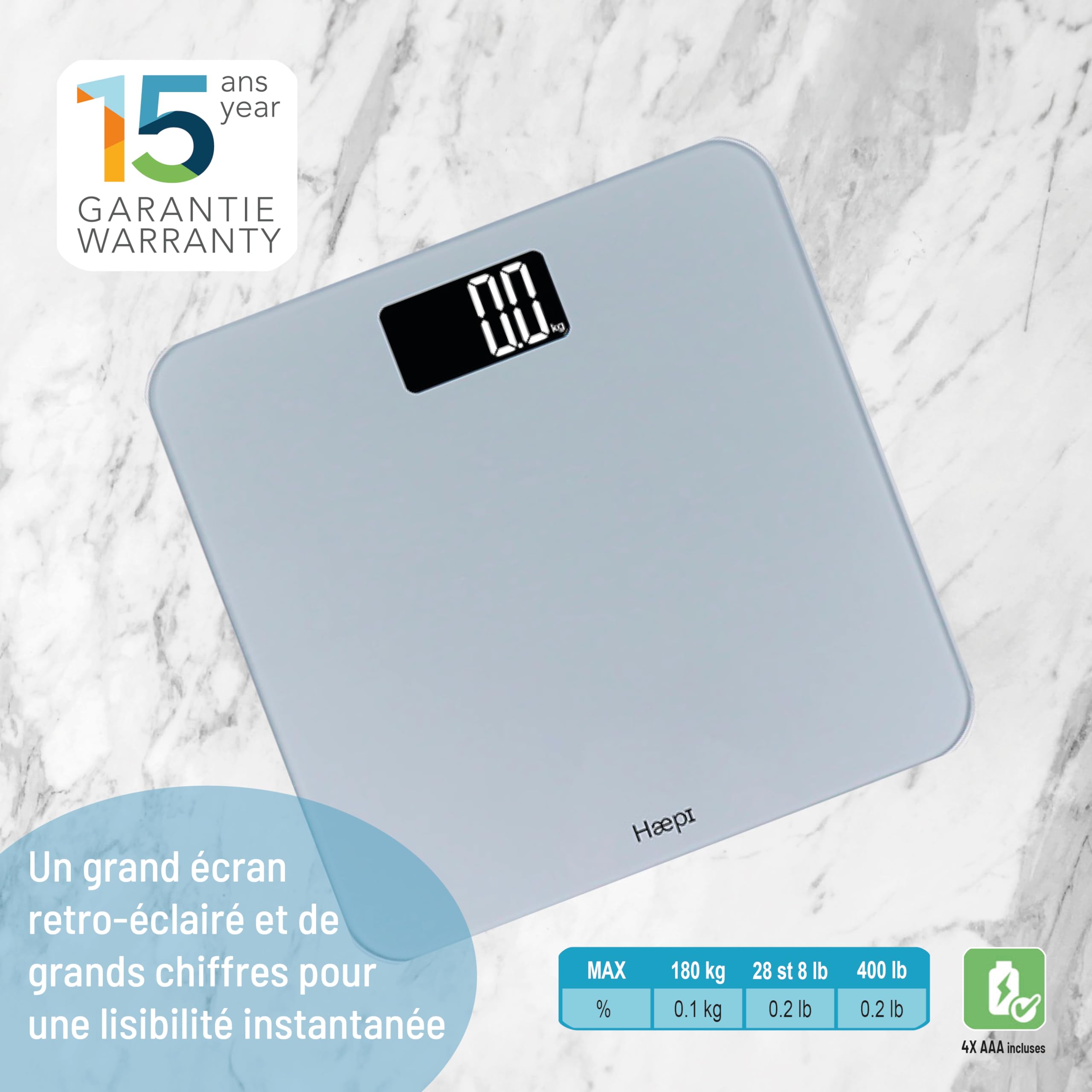 HAEPI Cyfrowa Waga Łazienkowa Szklana Platforma Wyświetlacz LED 180kg — miniatura 2