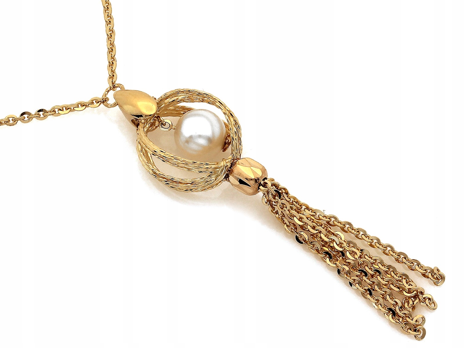 Zlatý náhrdelník ryzost 585, velký přívěsek s bílou perlou, 48 cm, řetízky, 5.46 g