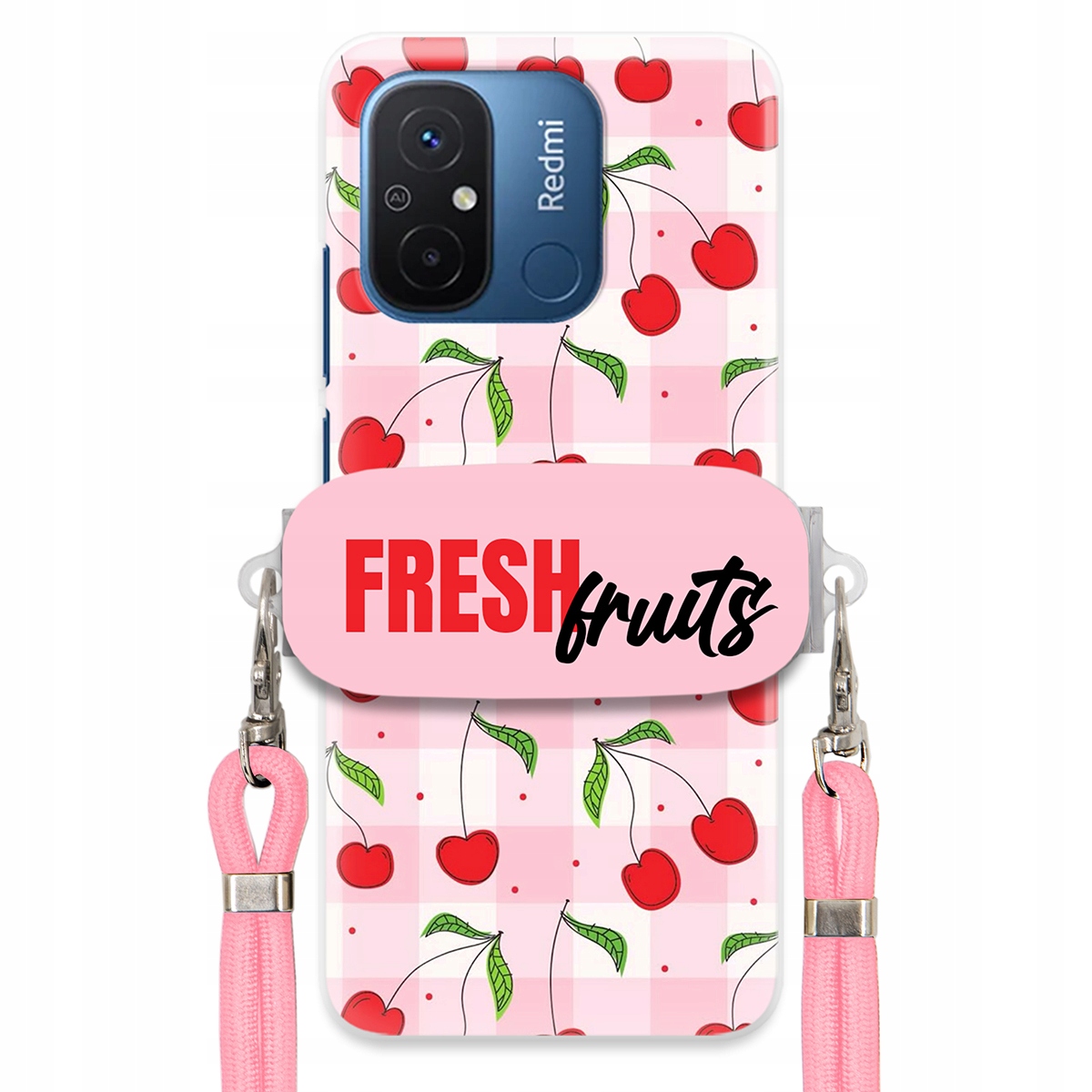 Puzdro pre Xiaomi Redmi 12C Case Držiak šnúrok Ružový Fresh Fruits Mriežka