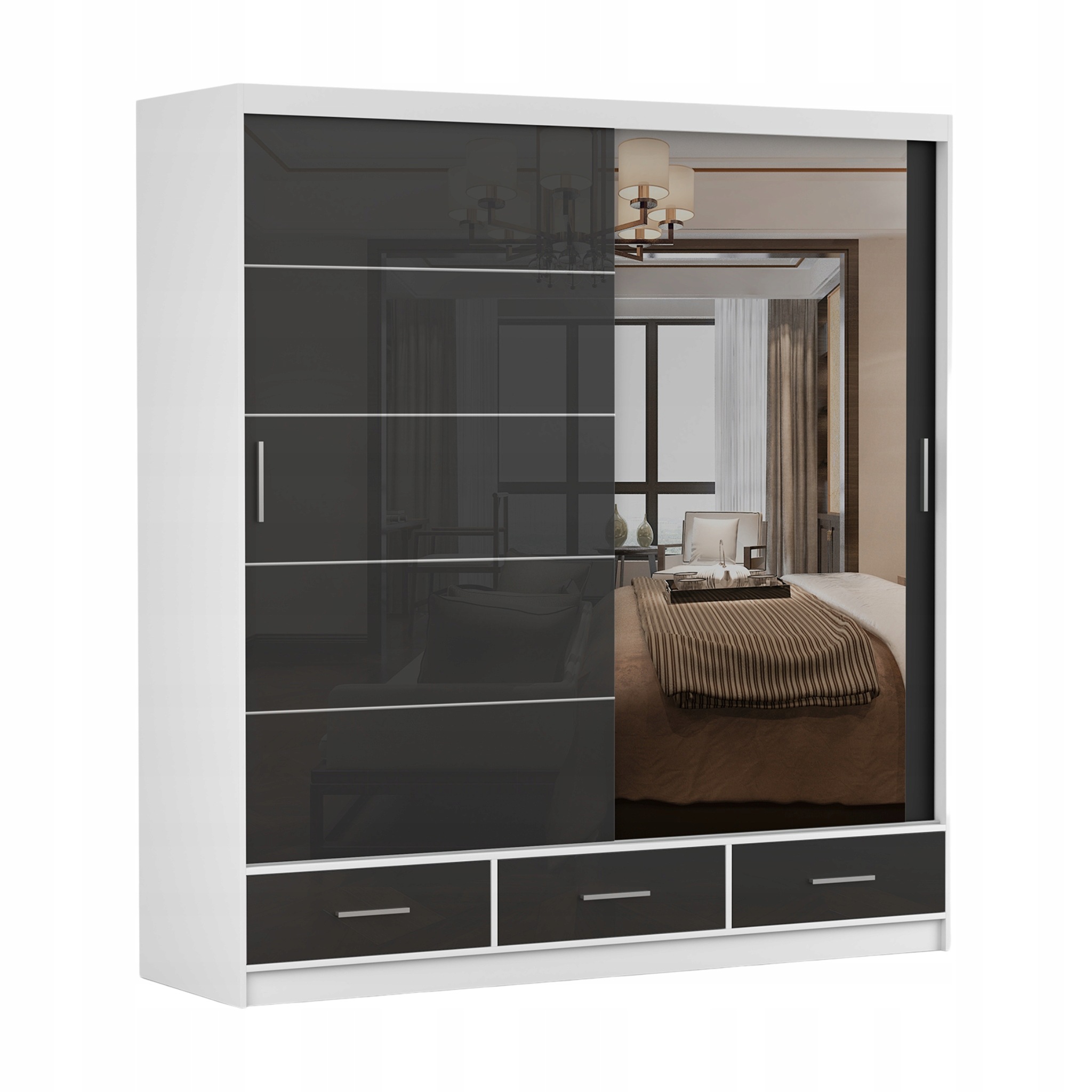 Skříň skříň se zrcadlem Florence 200 cm Bílá/černá Pololesklá Zásuvka