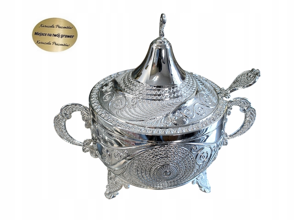 Cukřenka postříbřená spirálový ornament skleněná vložka lžička pro maminku