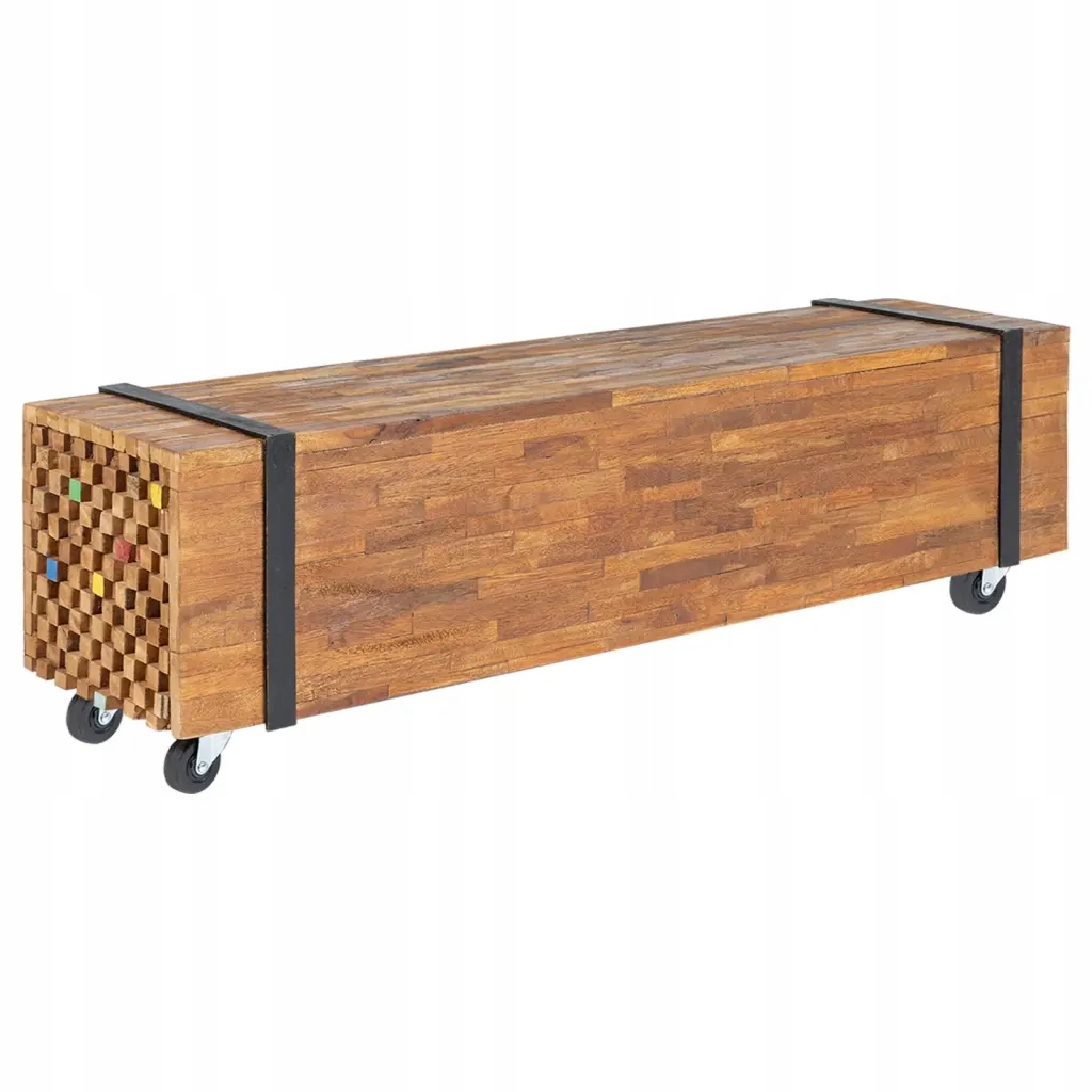 Stojak pod Tv z litego drewna tekowego, 110x30x32,5 cm, na kółkach