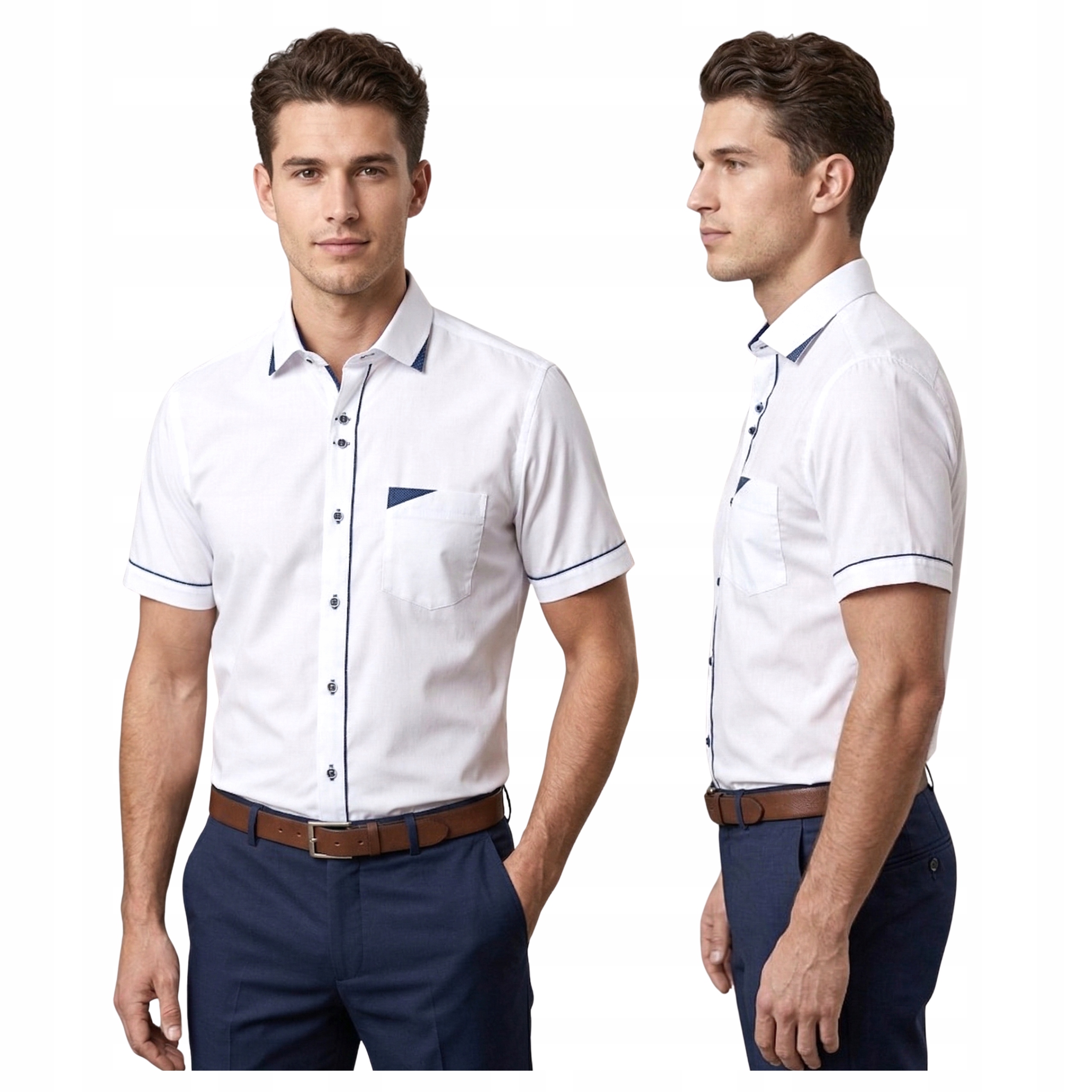 koszula męska [ Biała ] z krótkim rękawem Slim Fit wstawki #3 XL