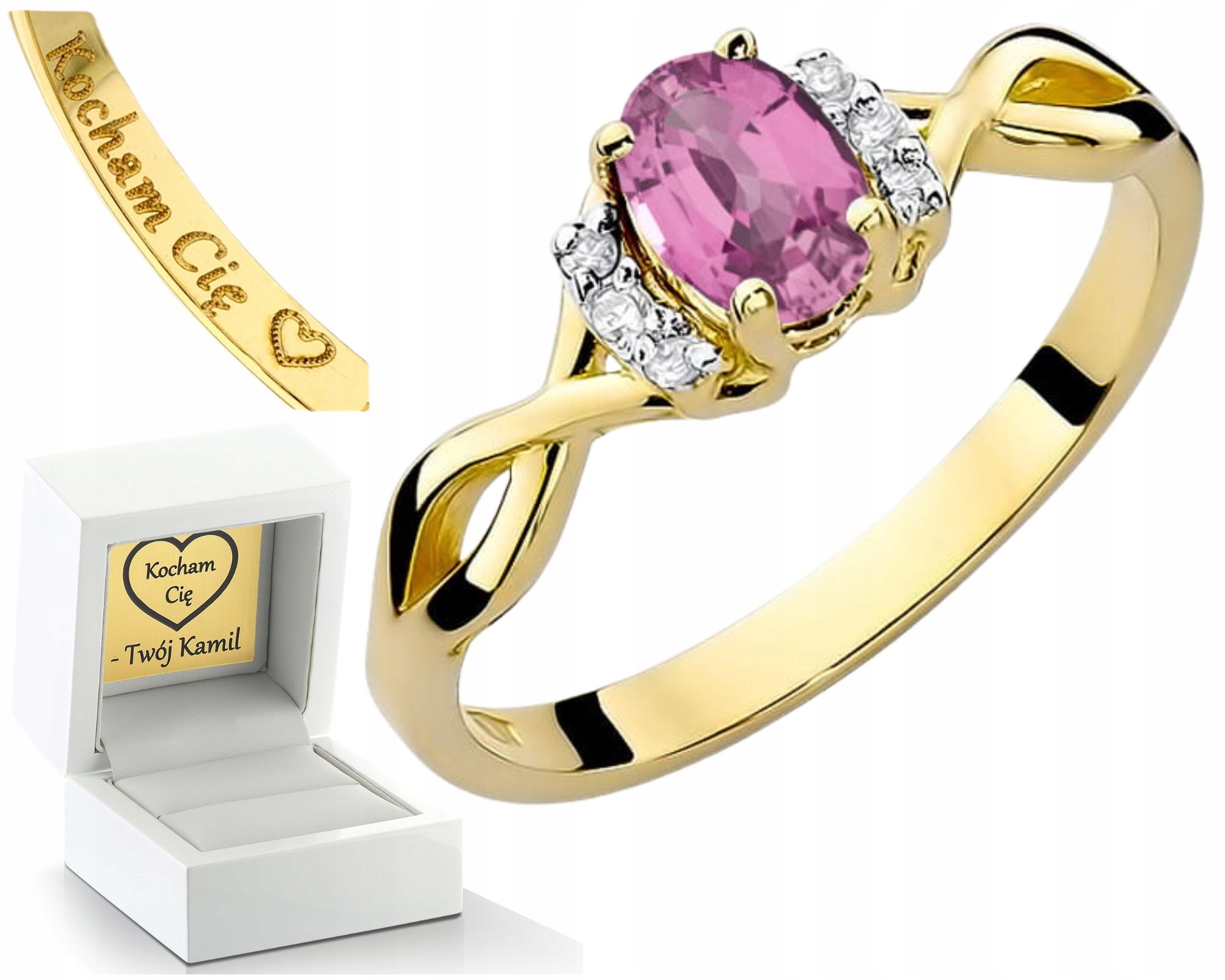 Zásnubní Prstýnek Růžový Safír Brilianty Žluté Zlato Gravírování Dárek