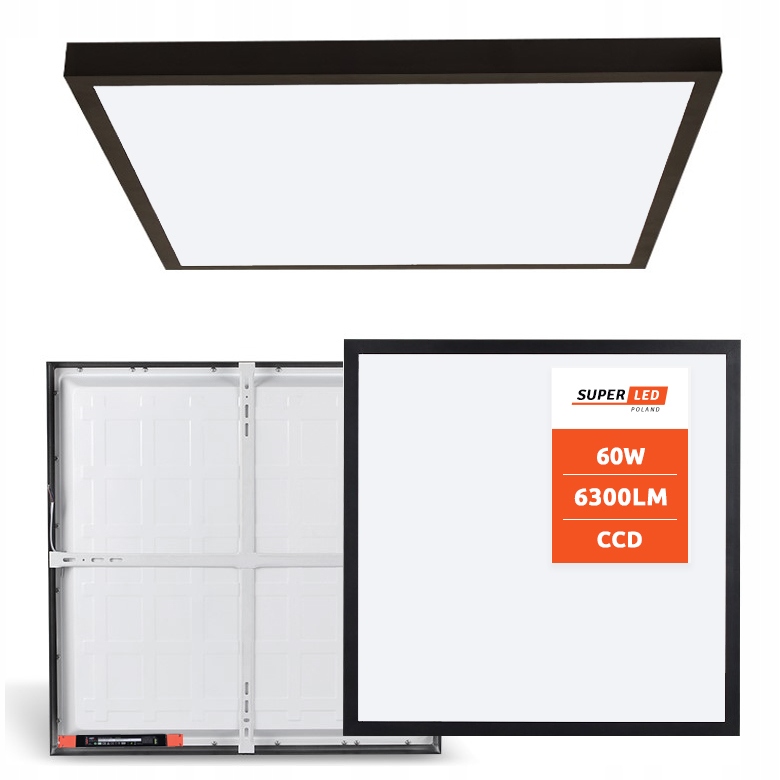 Panel Led natynkowy 60W 6300lm 60x60cm Plafon Lampa kwadratowa czarna