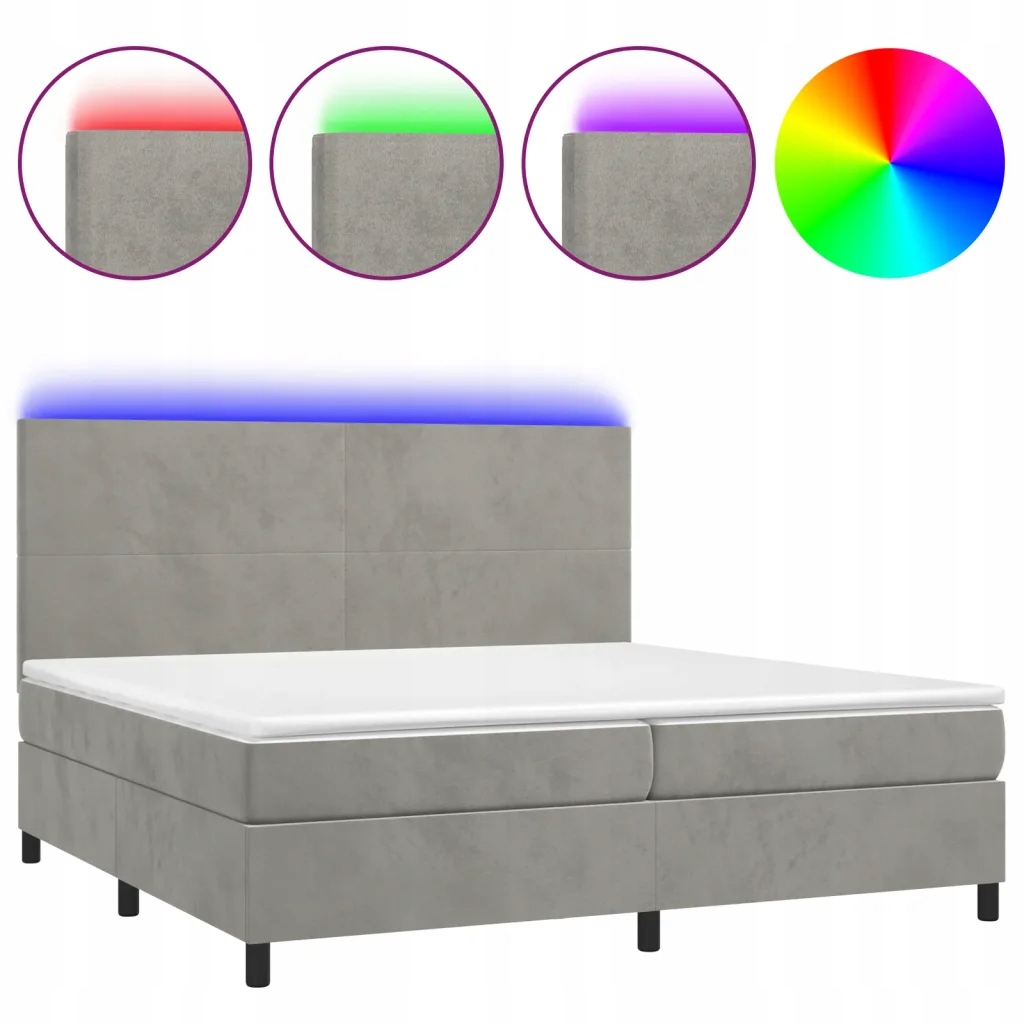 Kontinentální postel s matrací a Led diodami, světle šedá 203x200x118/128 cm