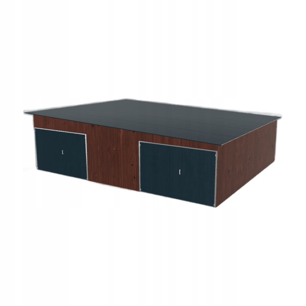 Plechová garáž 8.5x7 m, dvoupolohová, spád vpravo, tmavý ořech