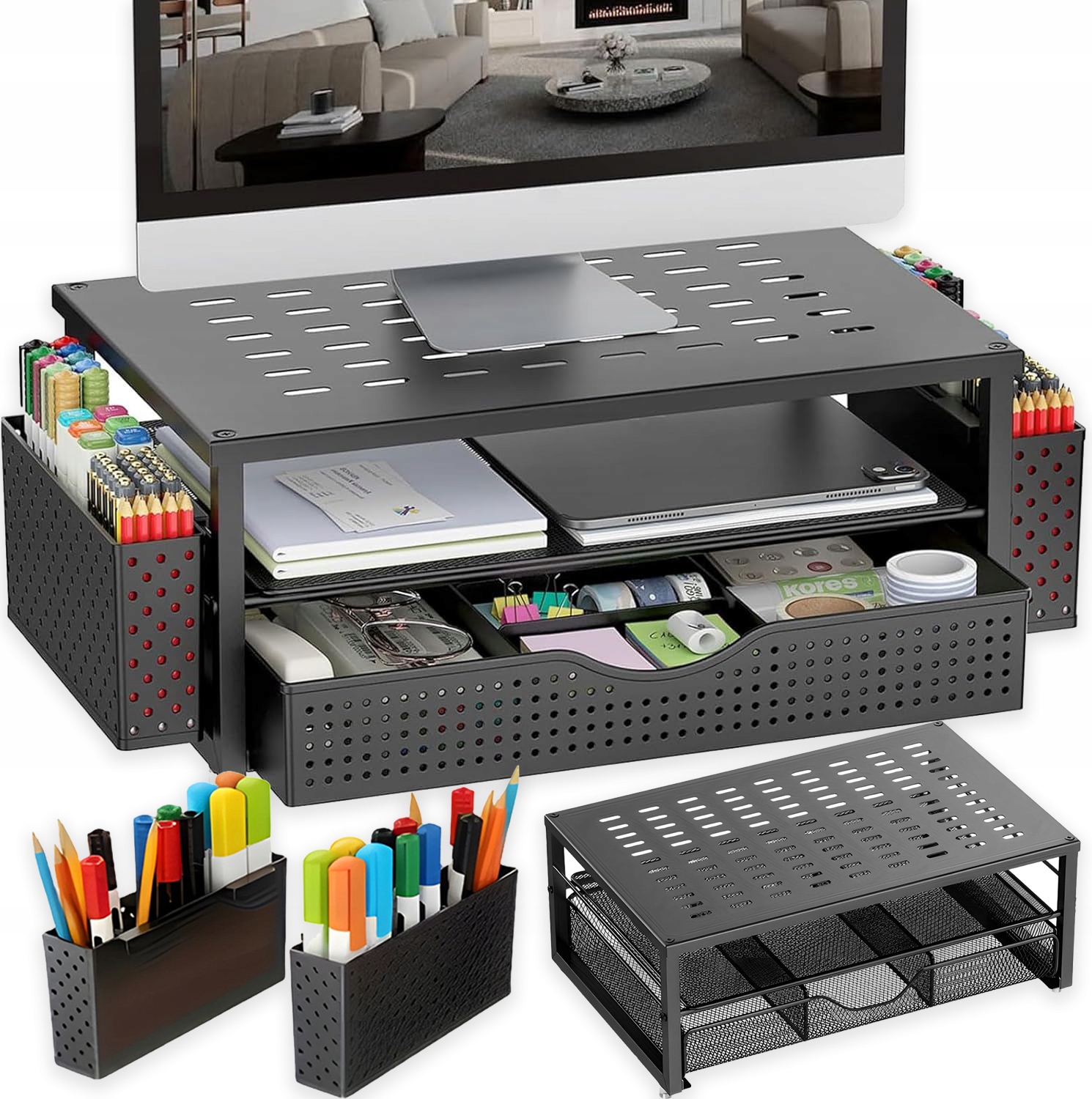 Podstavec Pod Monitor Pro Tiskárnu Lapropa S Zásuvkami, Kovový, Černý