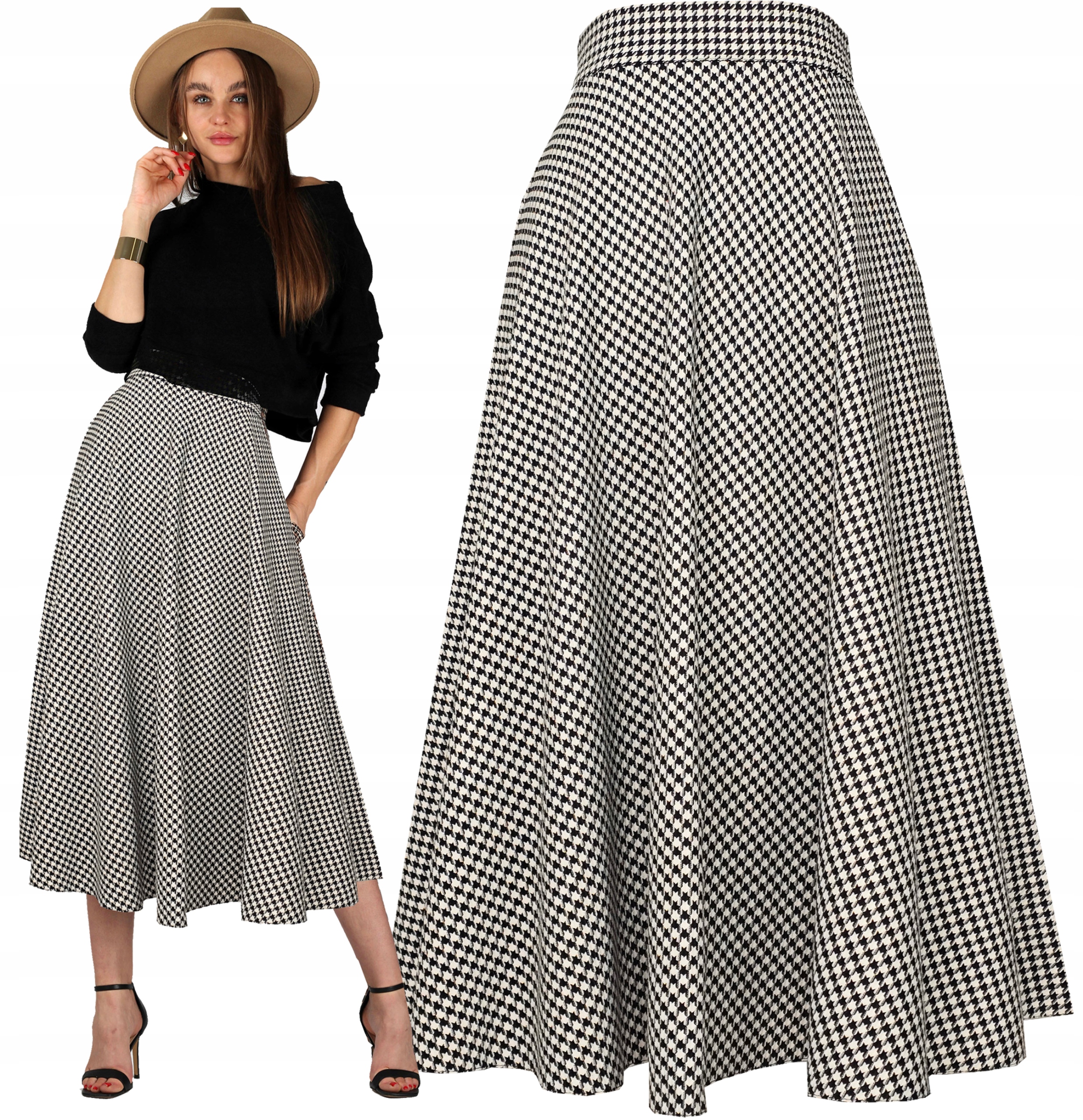 L 83 cm P3 pepitka sukně půlkruhové kapsy béžovohnědá dlouhý podzim