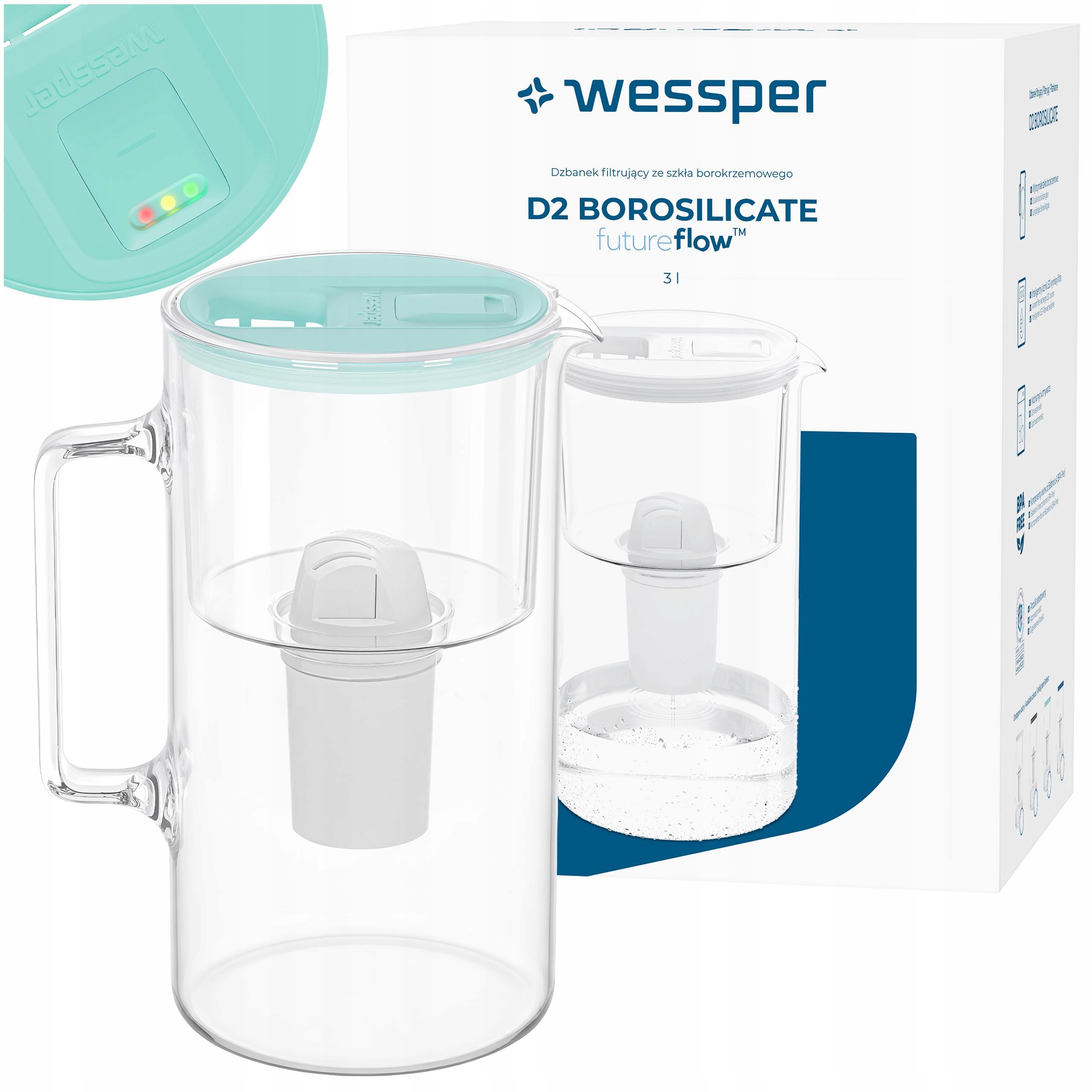 Dzbanek filtrujący szklany Wessper D2 Borosilicate licznik Led futureflow