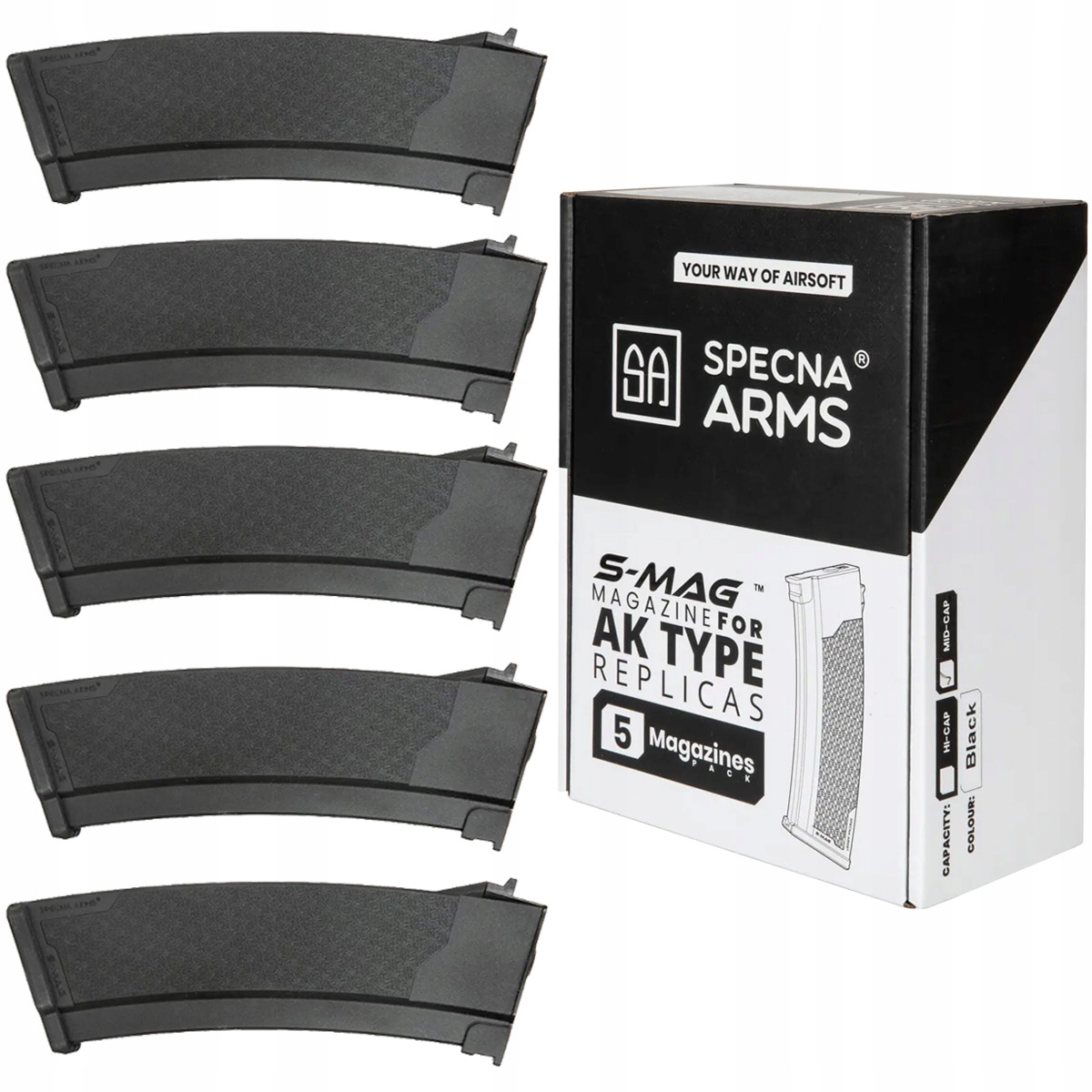 Zestaw 5 Magazynków Specna Arms Mid-Cap 175 Kul S-Mag Seria J Czarny